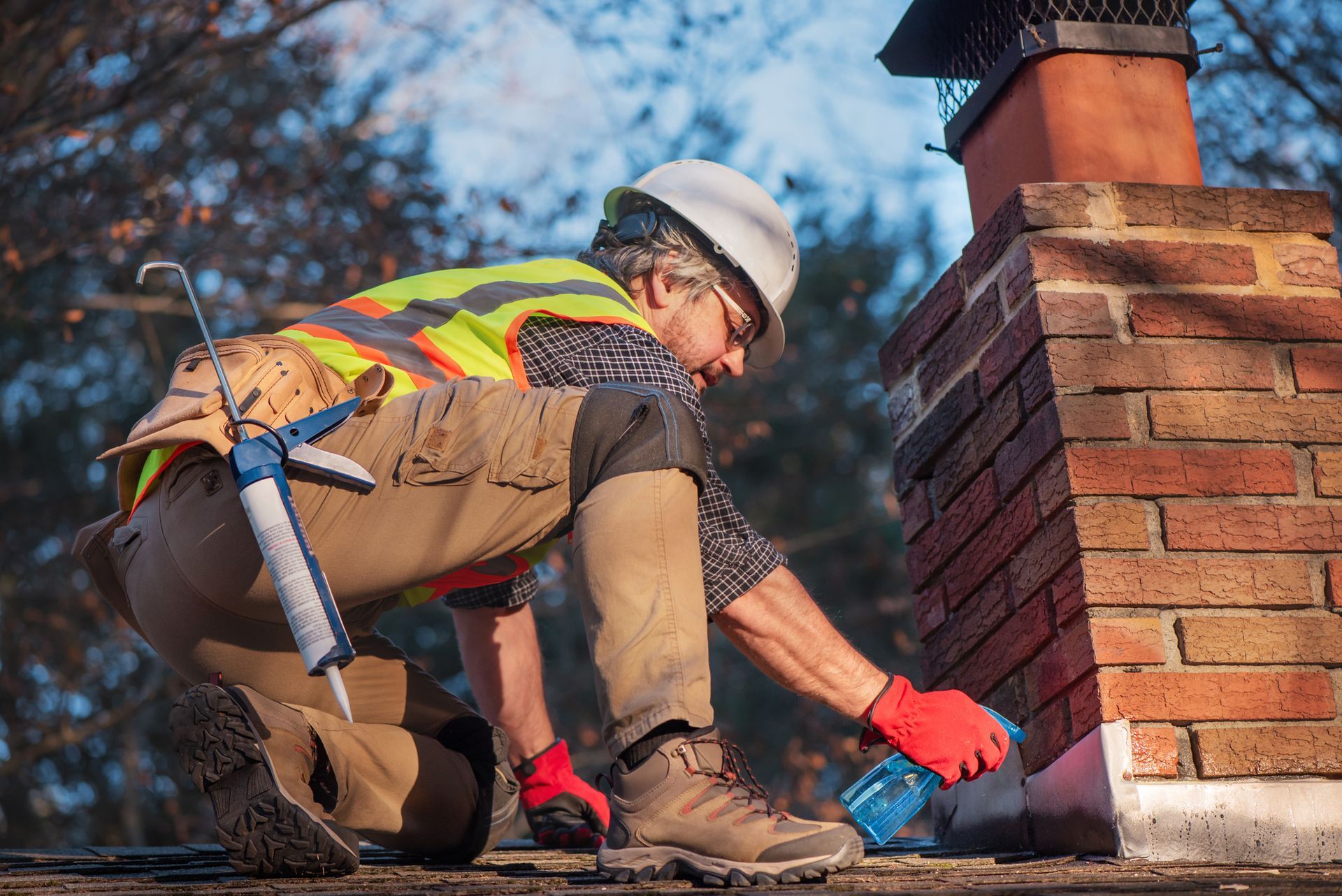 A construction worker is working on a metal roof.