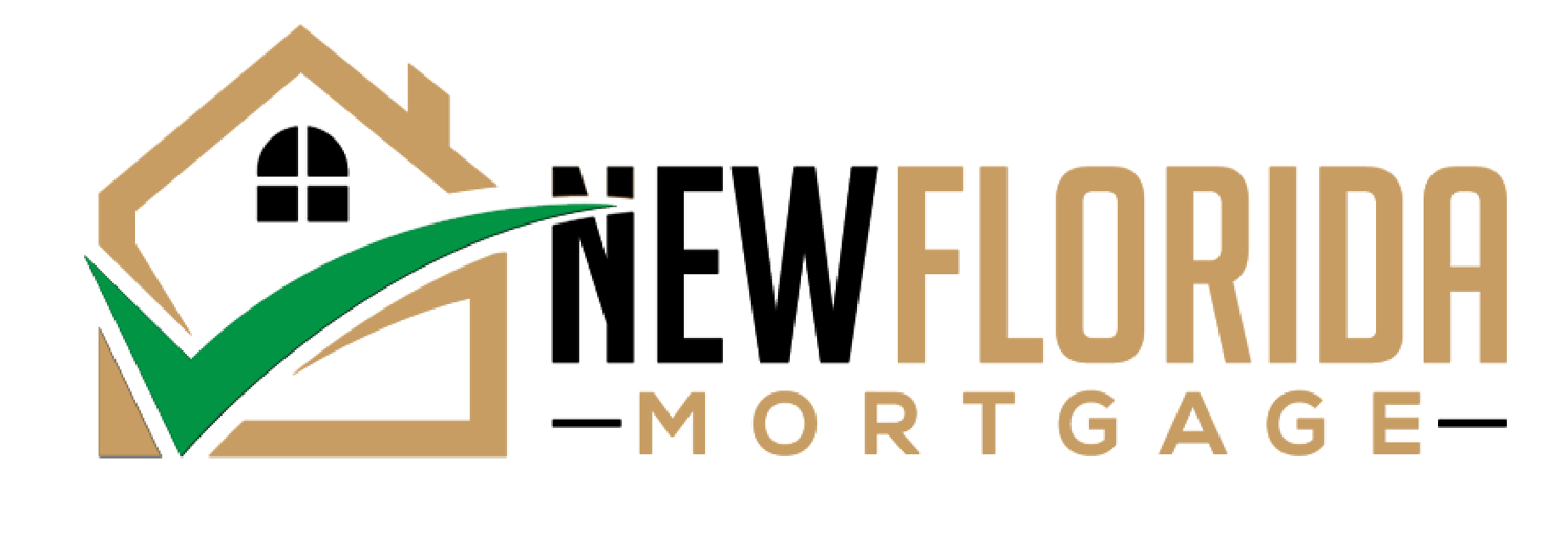 New Florida Mortgage logo with tan house, green roof line, and black and gold text