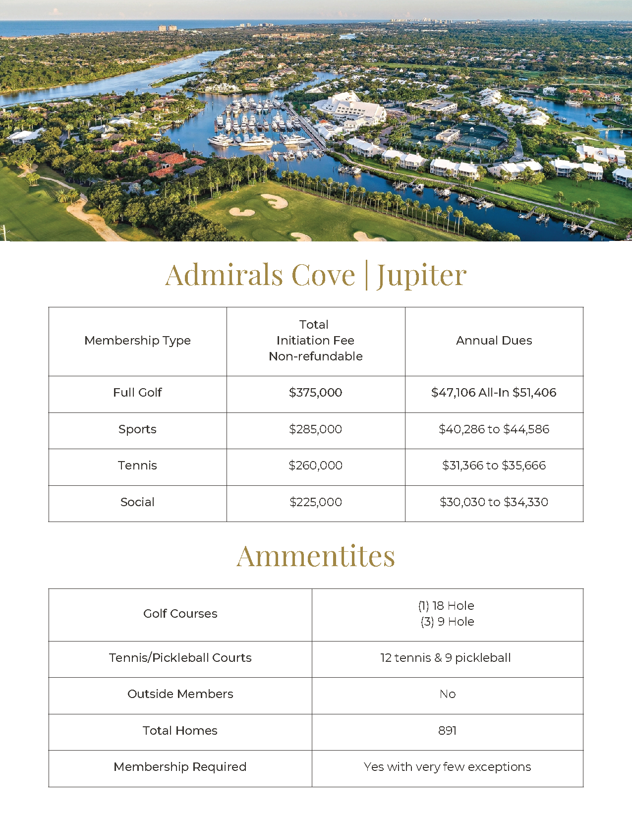 Real estate flyer for Admirals Cove Jupiter with aerial community photo, pricing table, and amenities list