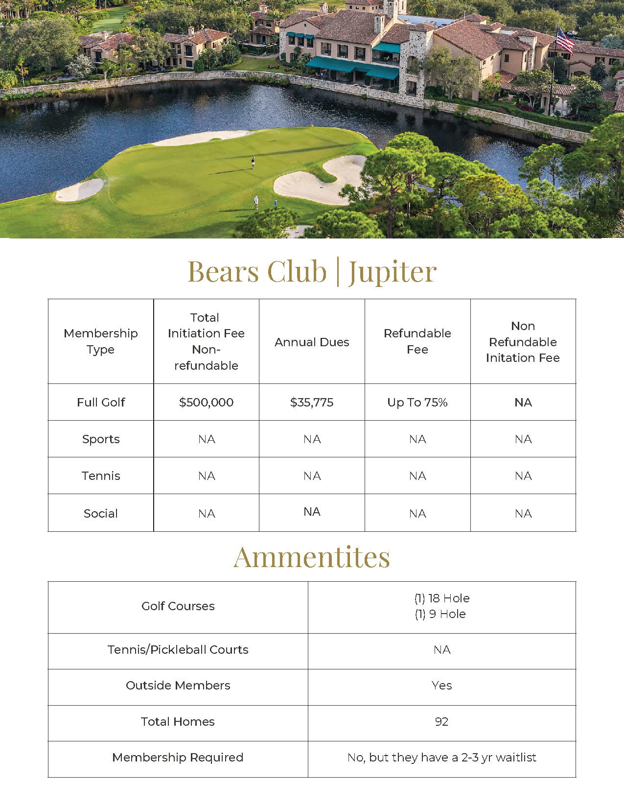 Houses Club Jupiter brochure with aerial waterfront community photo and amenities table