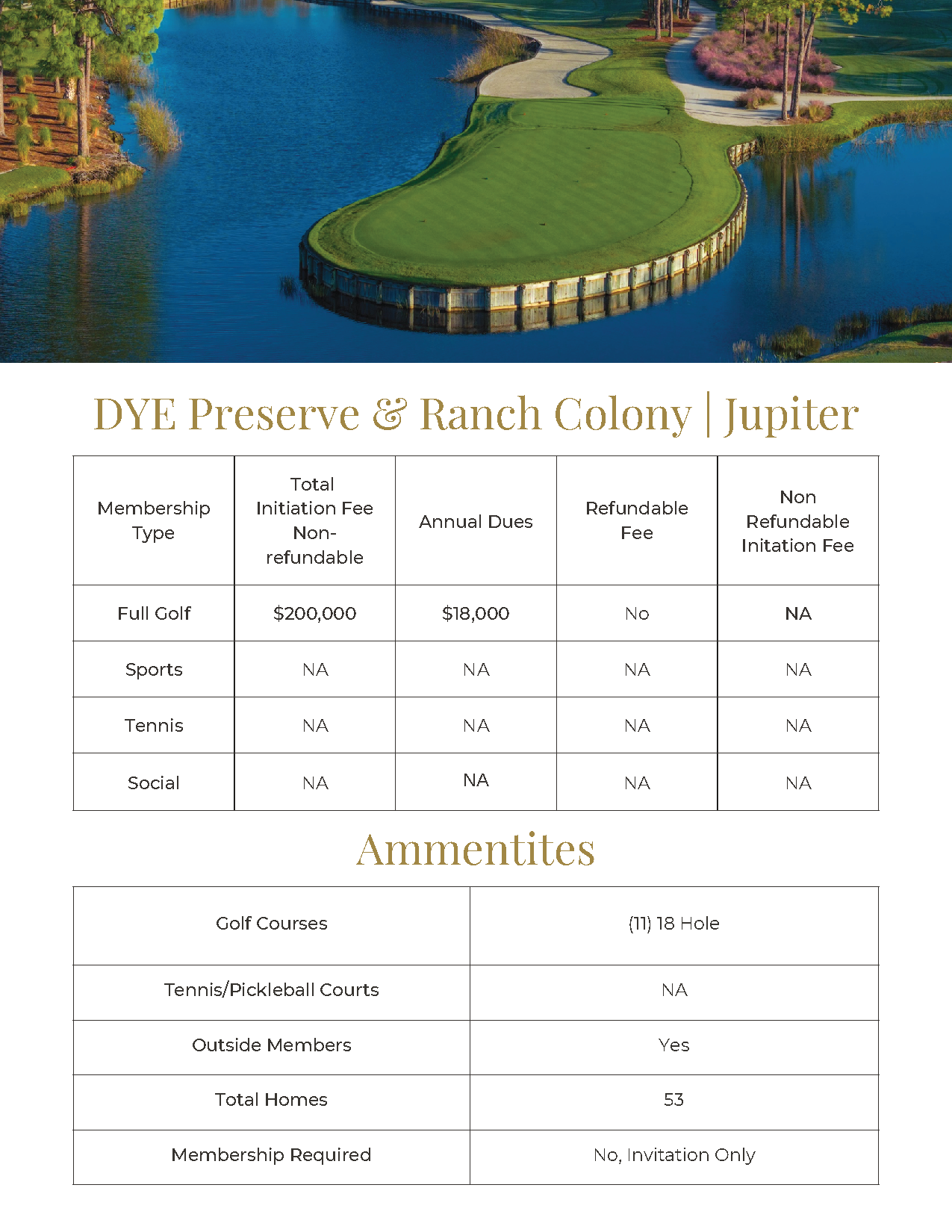 Flyer for DYE Preserve & Ranch Colony Jupiter with a waterfront map and amenities table