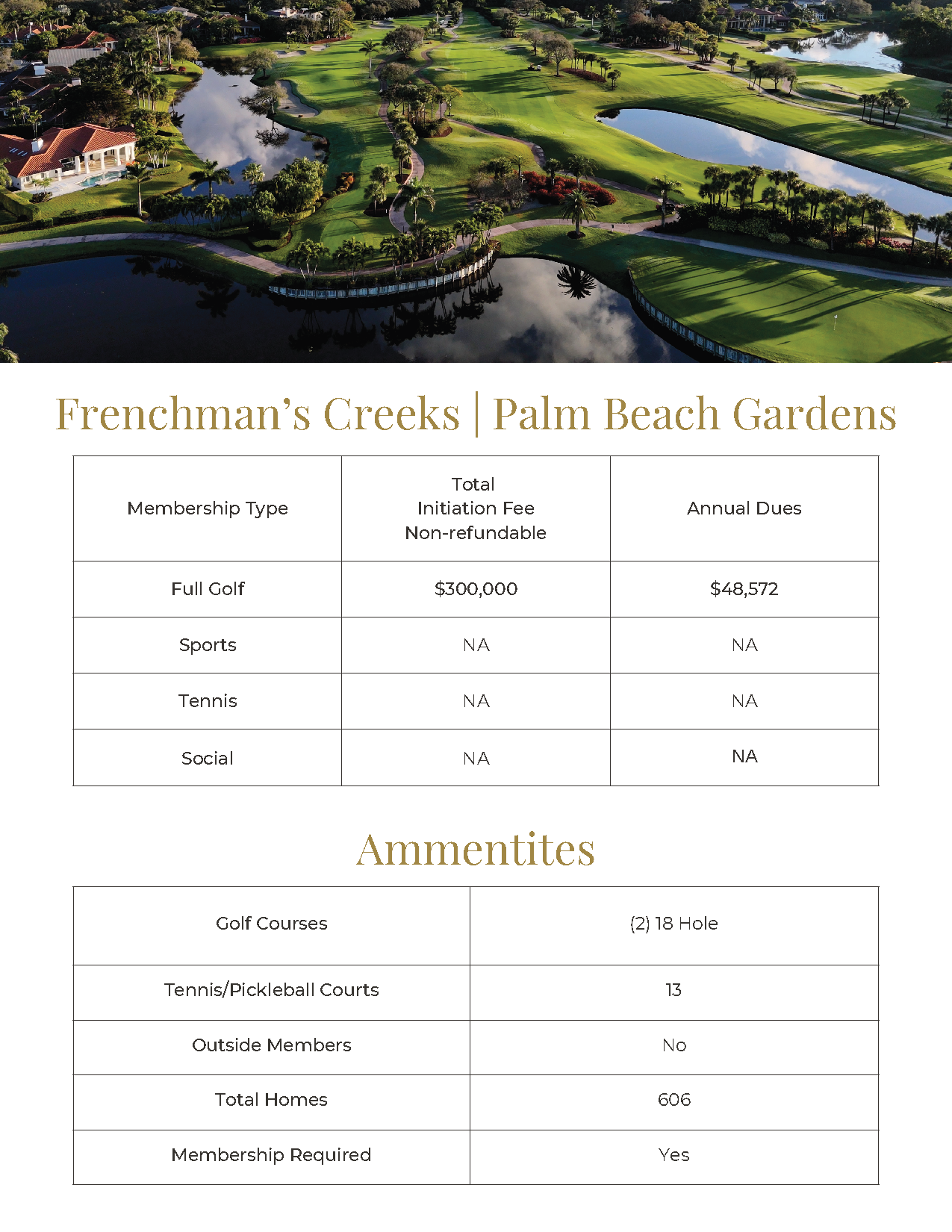Aerial view of golf course with pricing and amenities table for Frenchman's Creek, Palm Beach Gardens