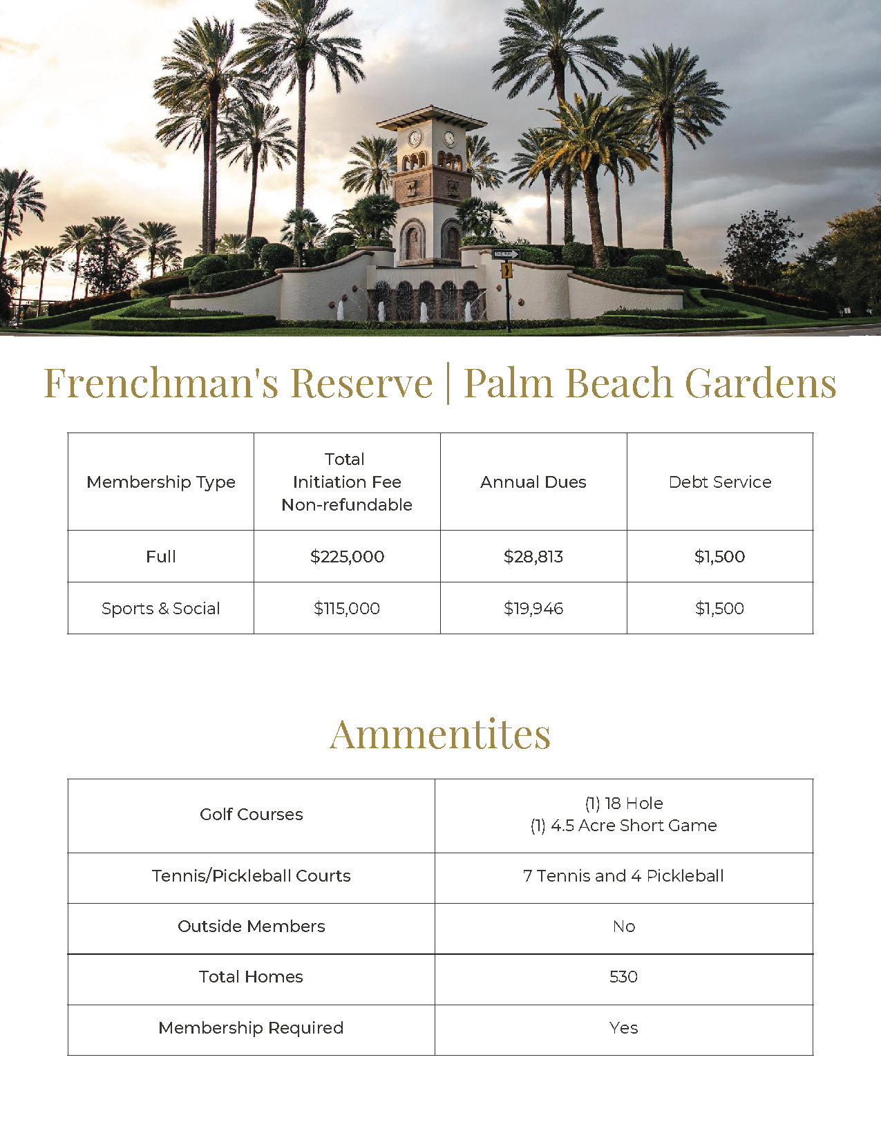 Frenchman's Reserve Palm Beach Gardens brochure with resort clubhouse, palm trees, and amenities chart.