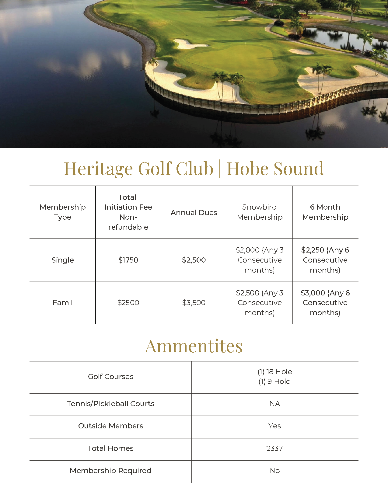 Heritage Golf Club | Hole Sound brochure with aerial golf course photo and amenities table