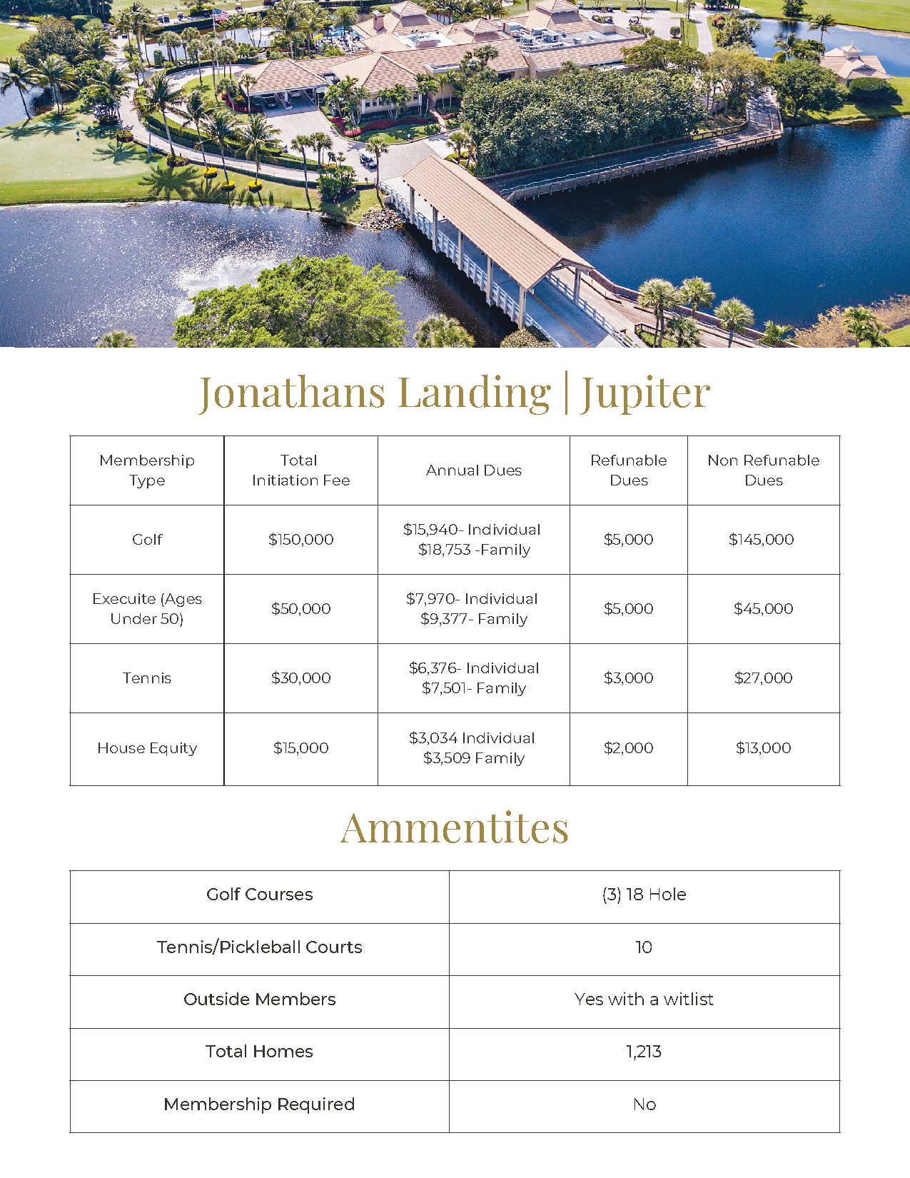 Promotional flyer for Toscanaus Landing Jupiter with aerial marina photo and amenities table.