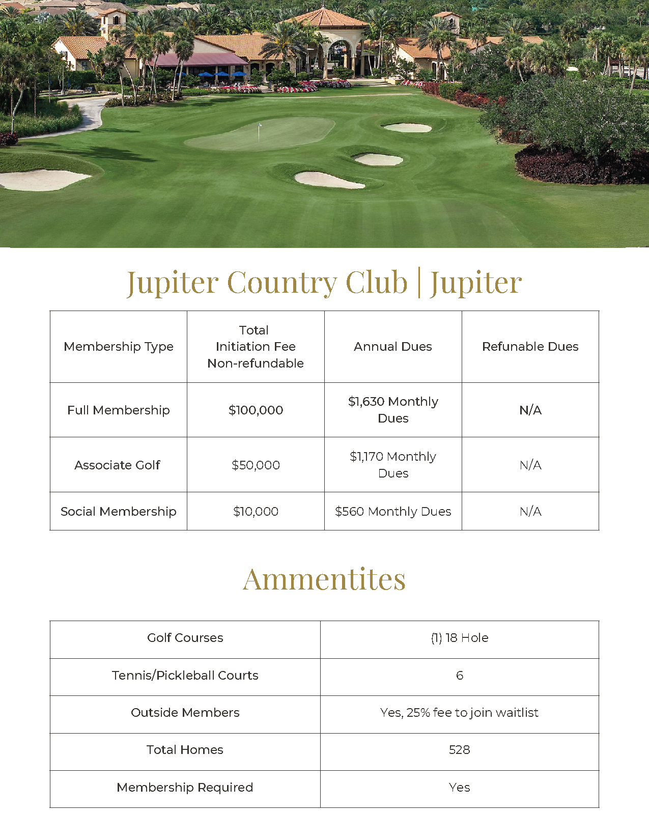 Jupiter Country Club golf course and amenities flyer with pricing tables and clubhouse photo