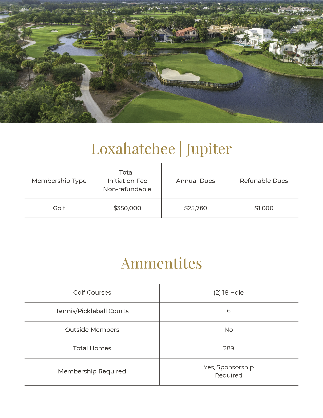 Aerial view of a green golf-course community with homes and a pond, plus a property detail chart below.