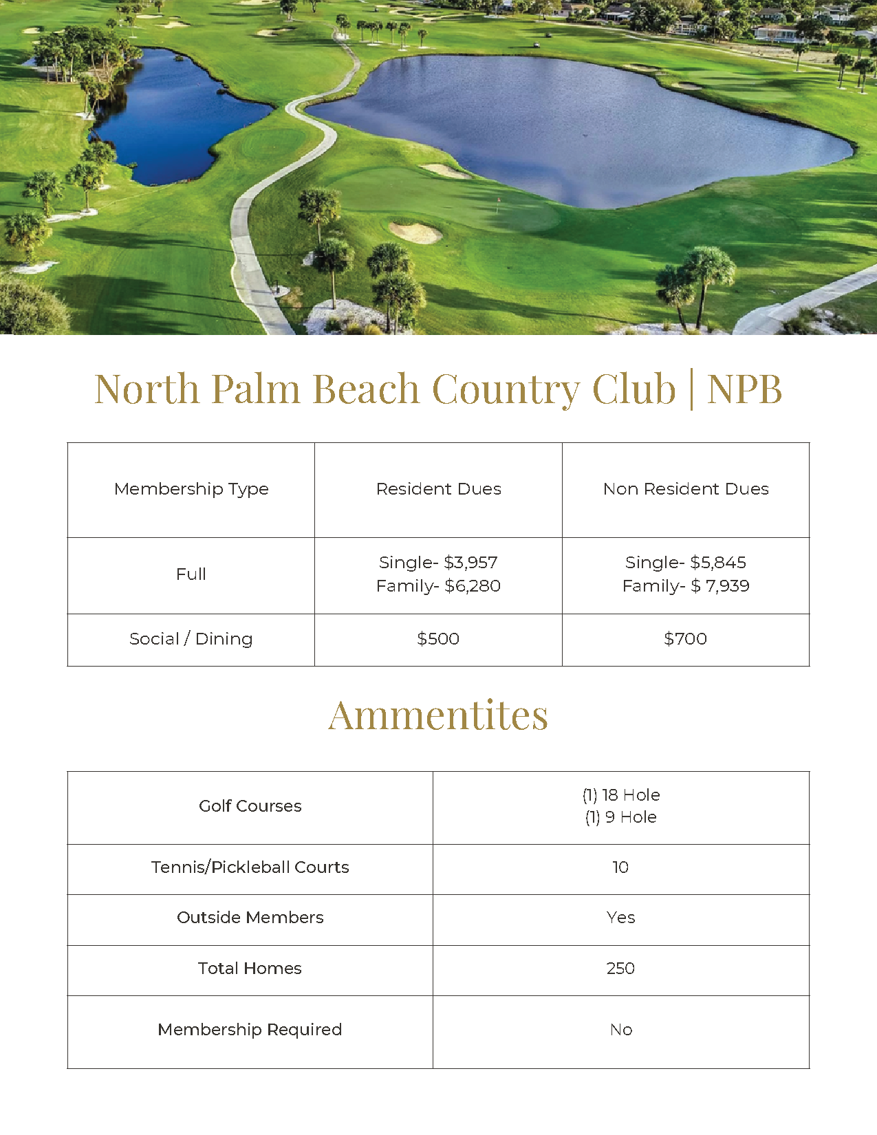 North Palm Beach Country Club flyer with golf course photo and amenities pricing table