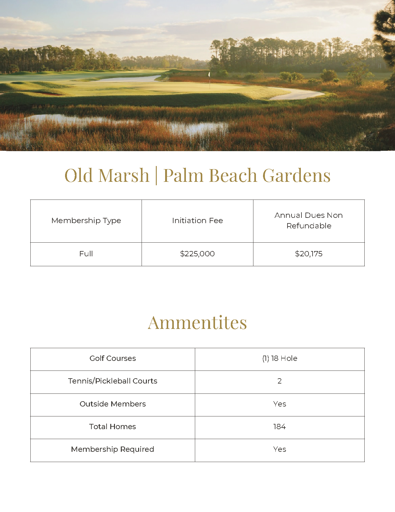 Brochure for Old Marsh | Palm Beach Gardens with golf course photo and amenities pricing tables