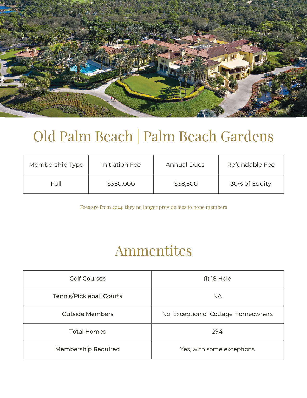 Old Palm Beach | Palm Beach Gardens real estate flyer with aerial home photo and amenities table