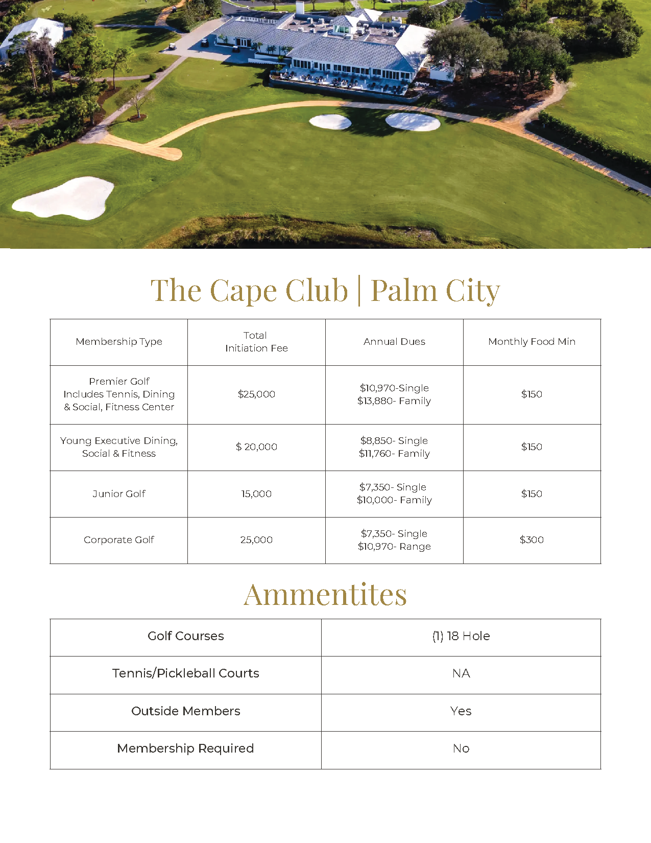The Cape Club, Palm City flyer with golf course aerial and amenities chart