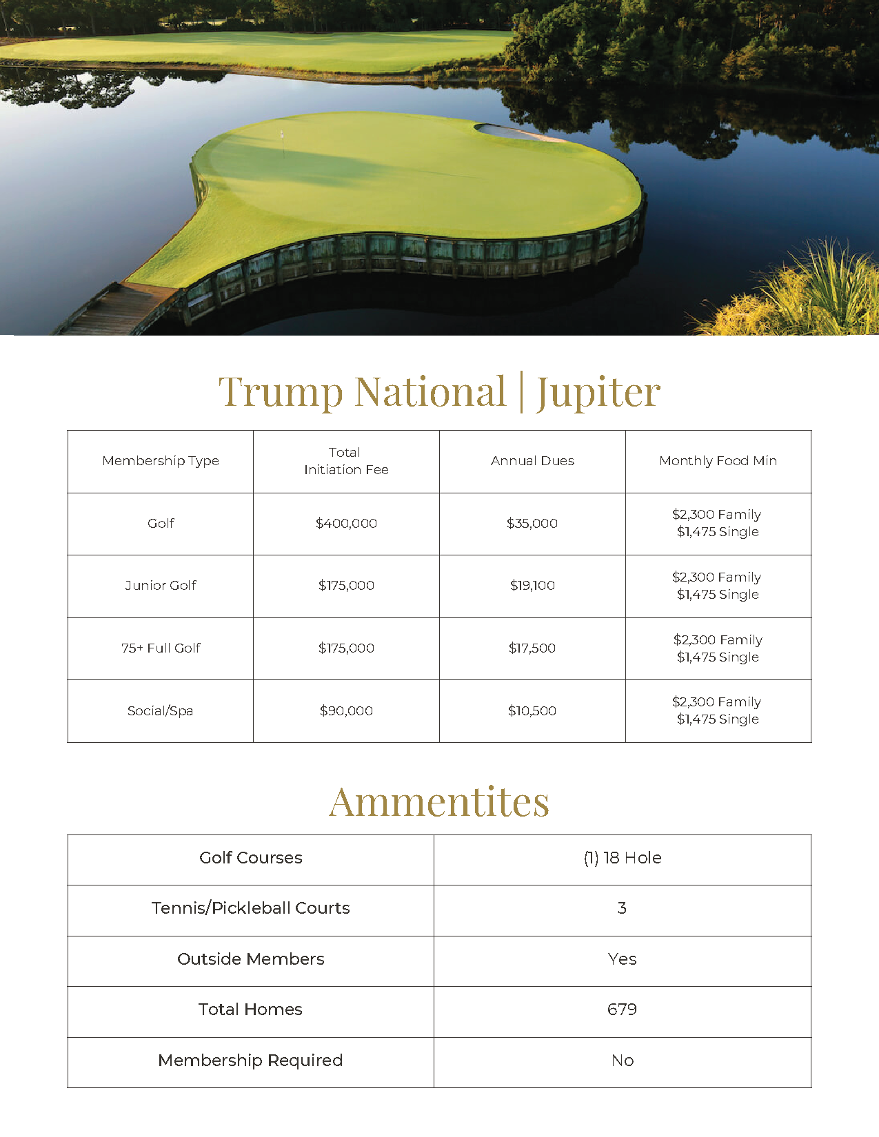 Trump National Jupiter golf course brochure with lake and green course map and amenities table