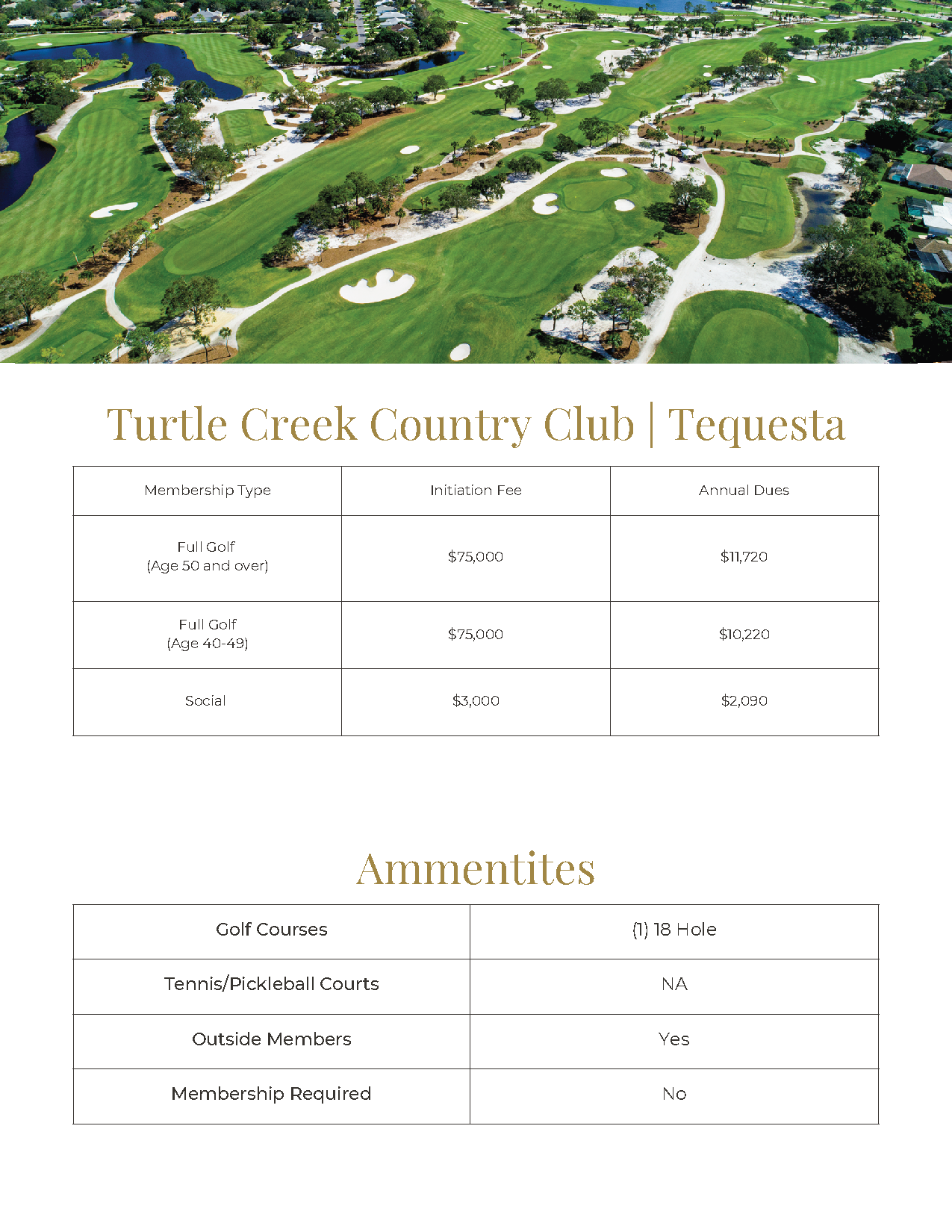Turtle Creek Country Club Tequesta brochure with aerial golf course photo and amenities table