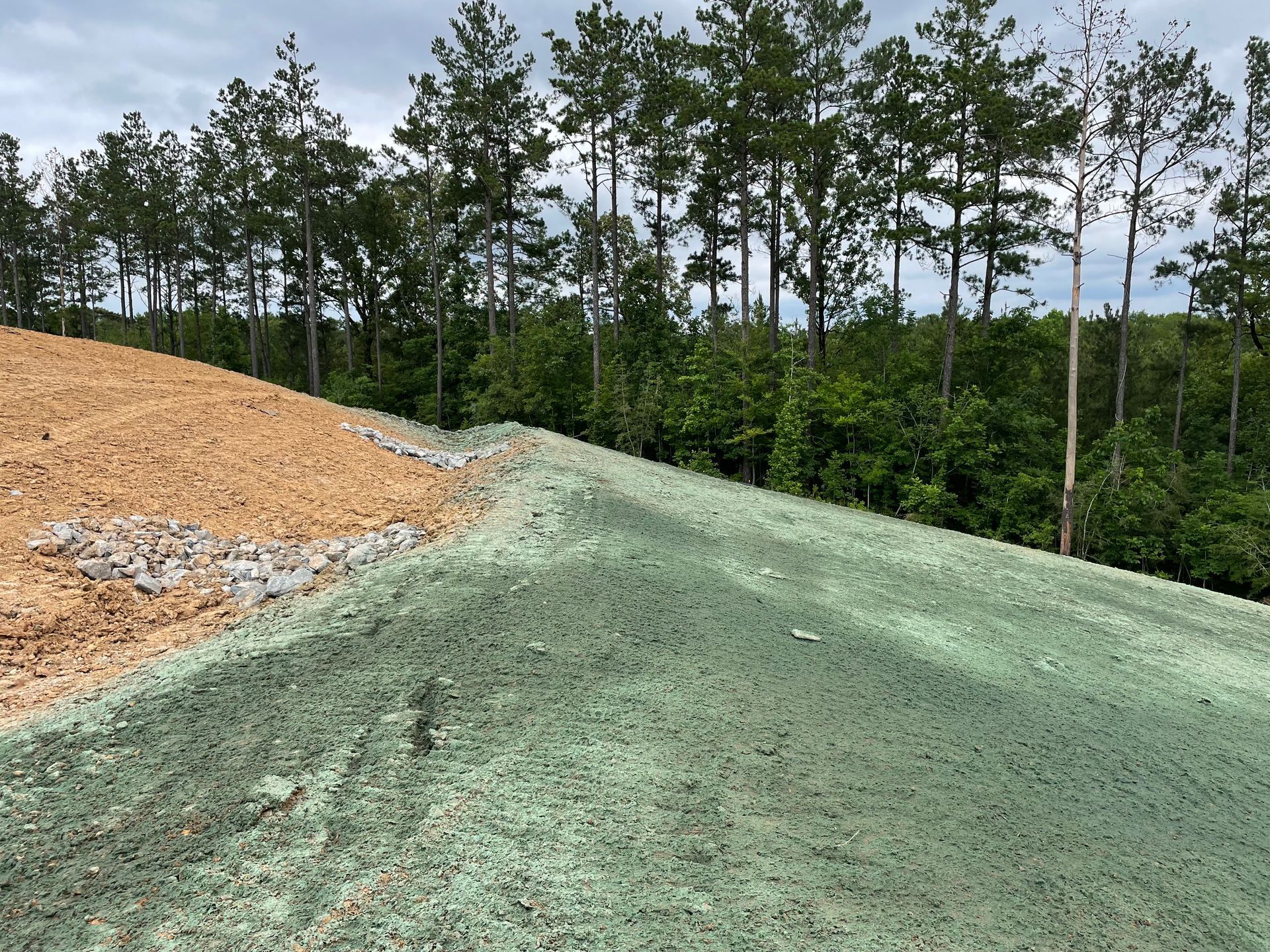 a dirt hill with trees in the background and a green field in the foreground .