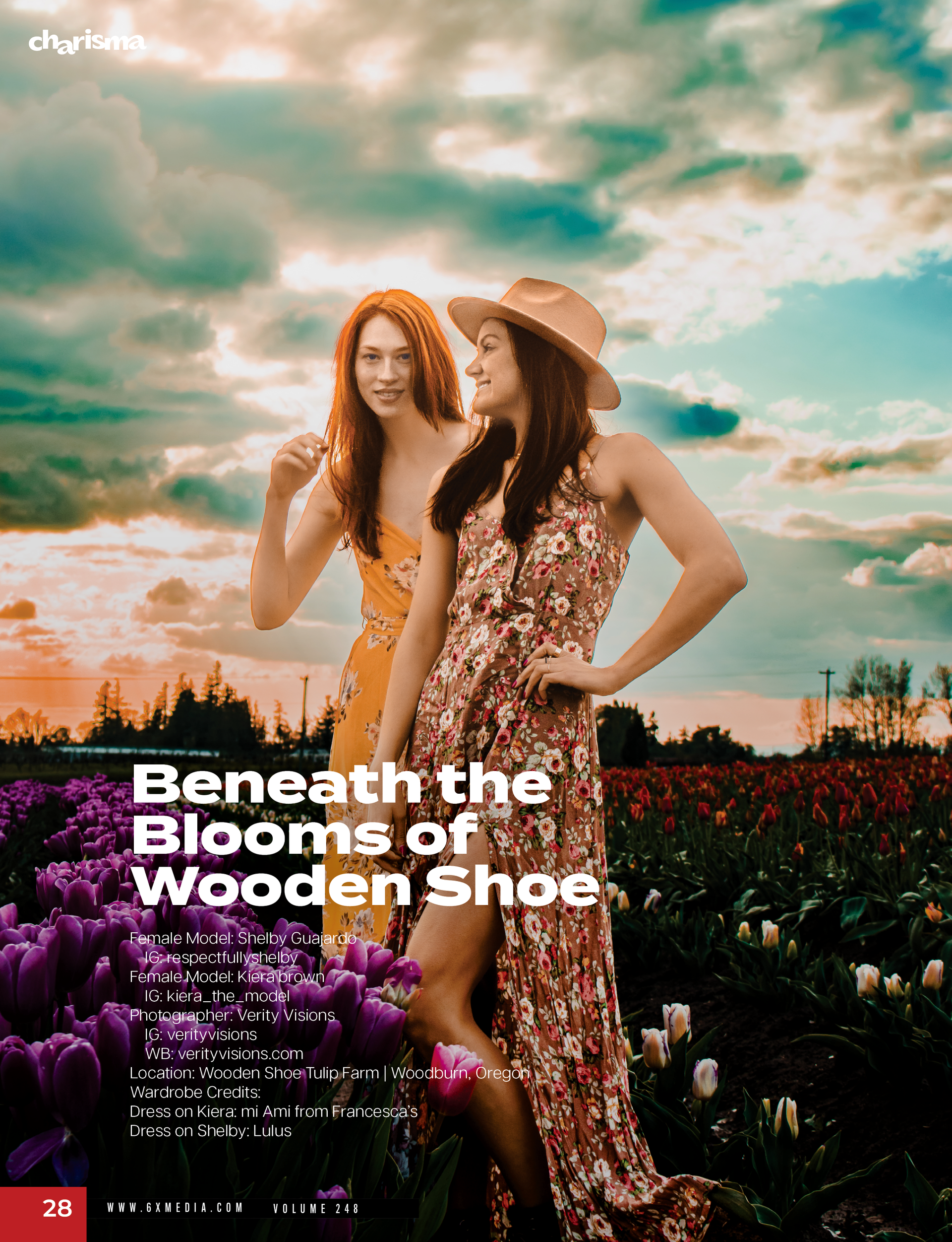 Kiera and Shelby published in Charisma Magazine, tulip farm editorial by Verity Visions in Salem Oregon with cinematic luxury style.