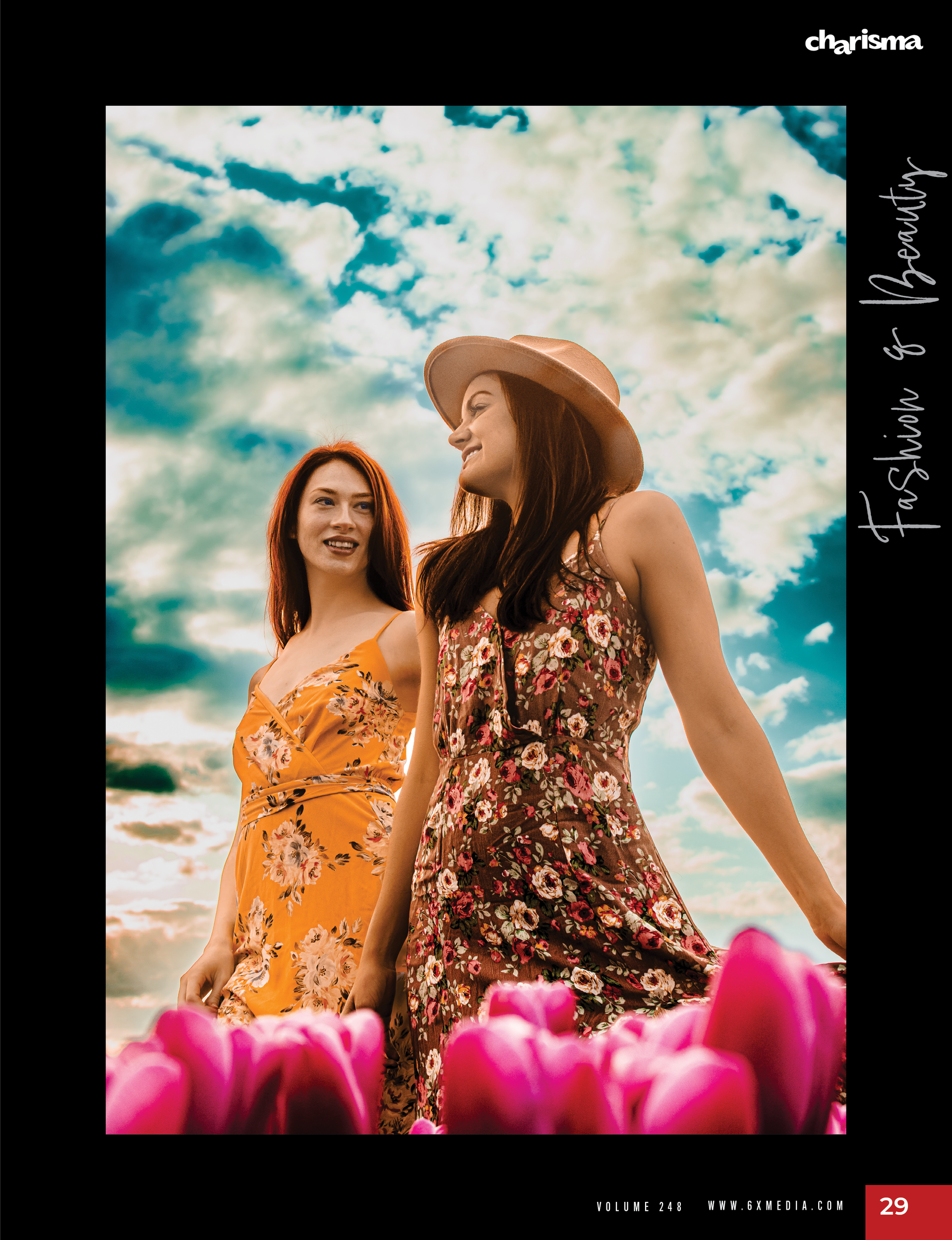 Kiera and Shelby published in Charisma Magazine, tulip farm editorial by Verity Visions in Salem Oregon with cinematic luxury style.