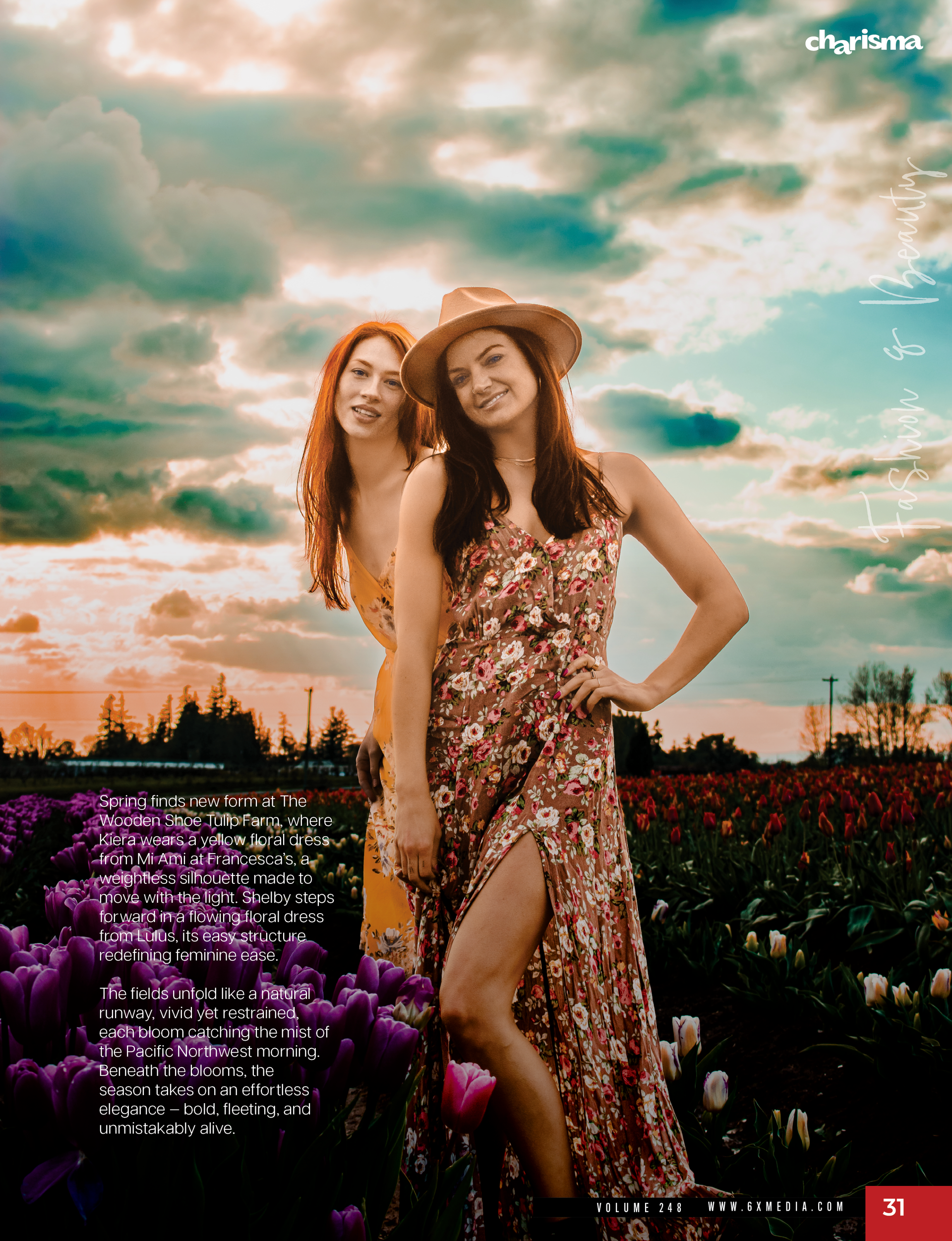 Kiera and Shelby published in Charisma Magazine, tulip farm editorial by Verity Visions in Salem Oregon with cinematic luxury style.
