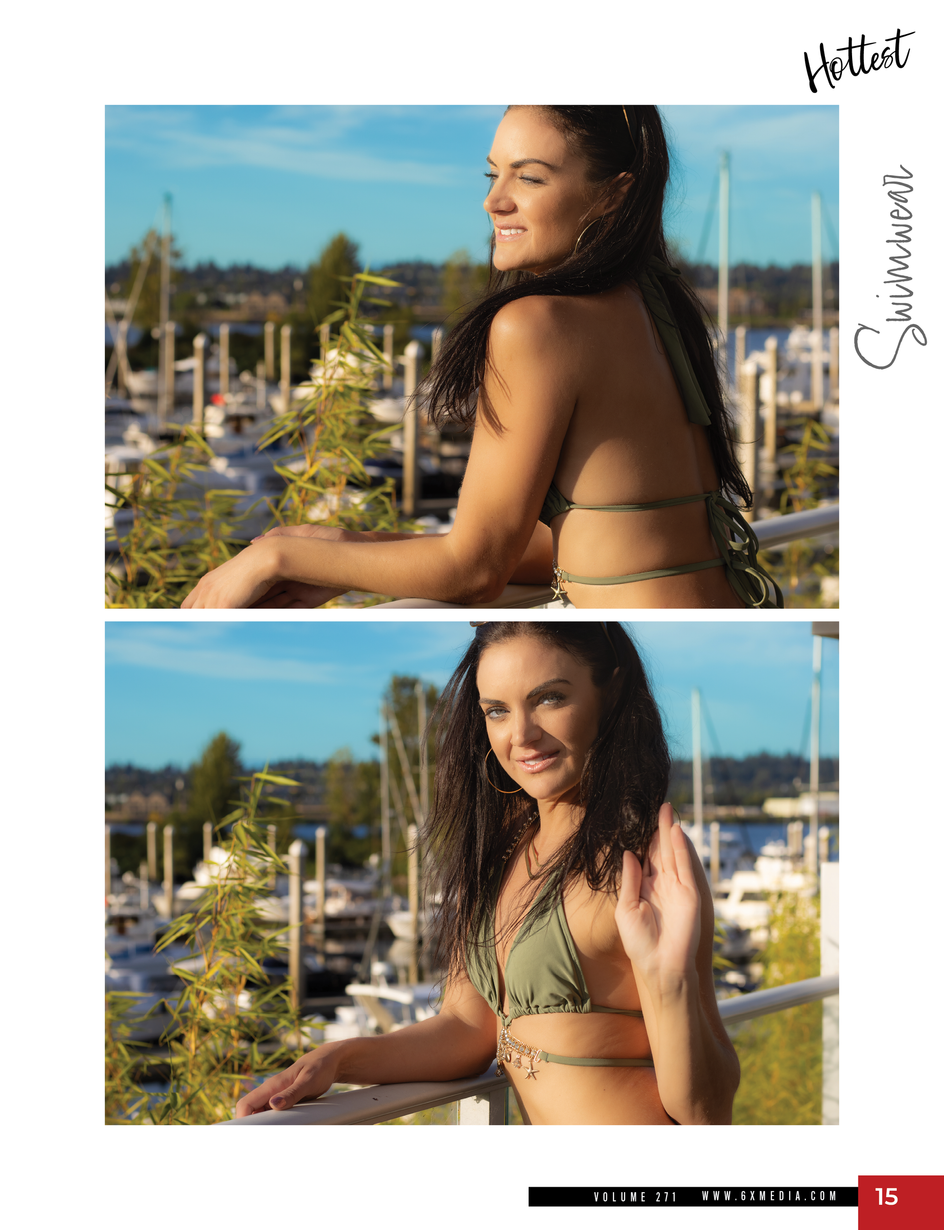 Shelby published in Hottest Magazine August 2025, olive bikini editorial by Verity Visions in Salem Oregon with cinematic luxury style.