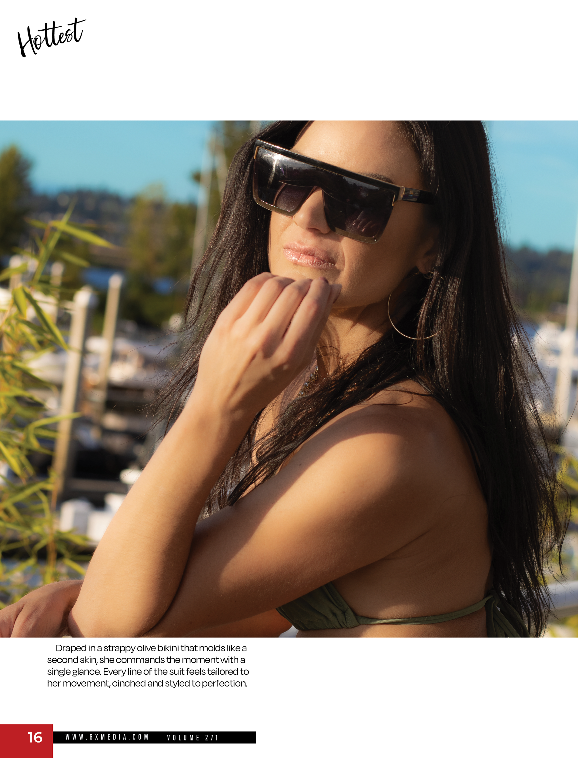 Shelby published in Hottest Magazine August 2025, olive bikini editorial by Verity Visions in Salem Oregon with cinematic luxury style.