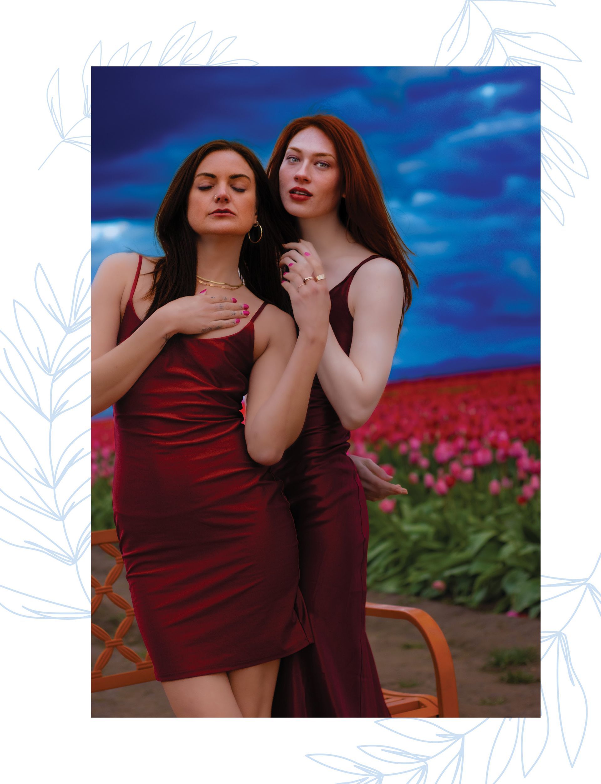 Models Kiera Brown and Shelby G published in Malvie Magazine, tulip farm editorial photographed by Verity Visions in Salem Oregon with cinematic luxury style.