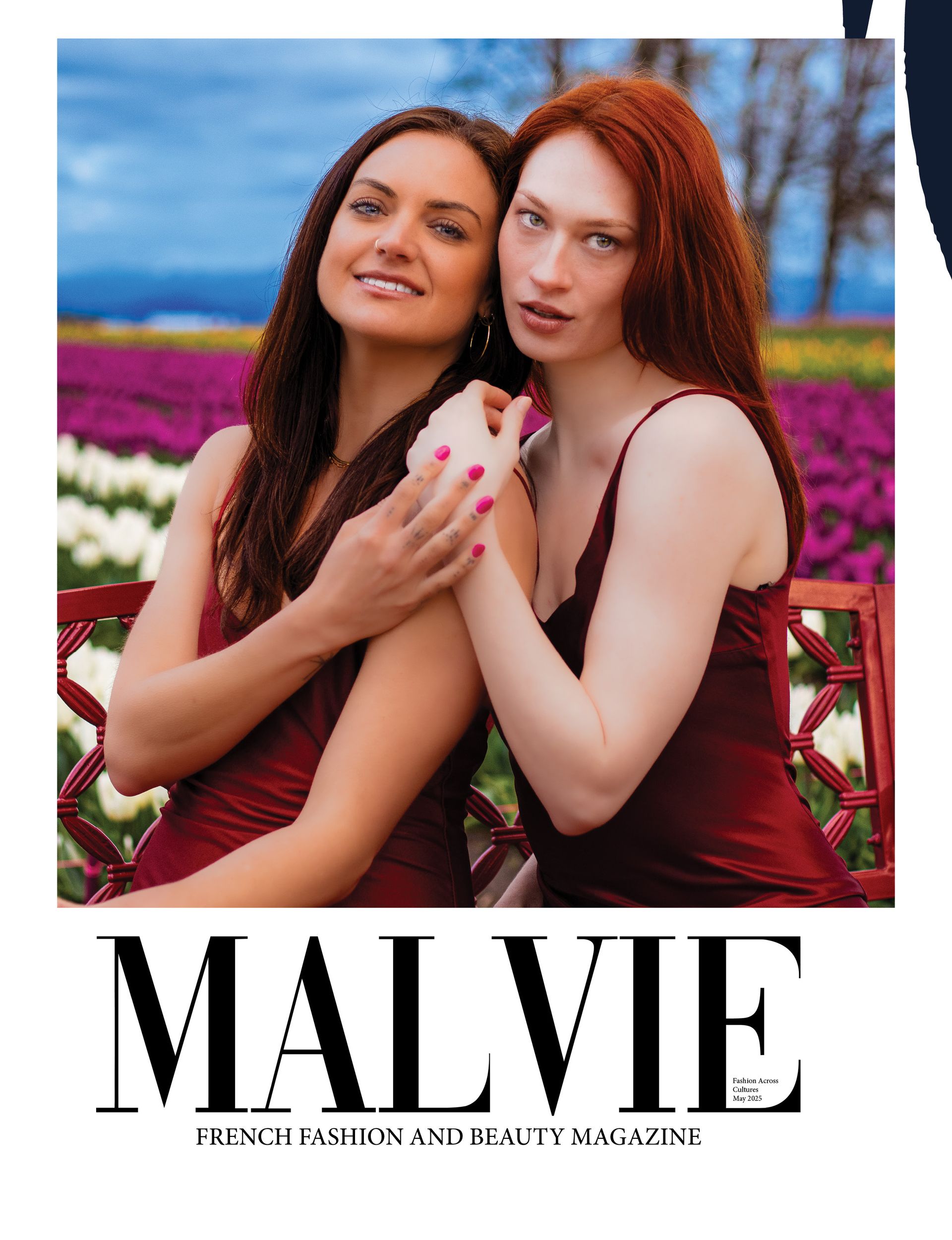 Models Kiera Brown and Shelby G published in Malvie Magazine, tulip farm editorial photographed by Verity Visions in Salem Oregon with cinematic luxury style.