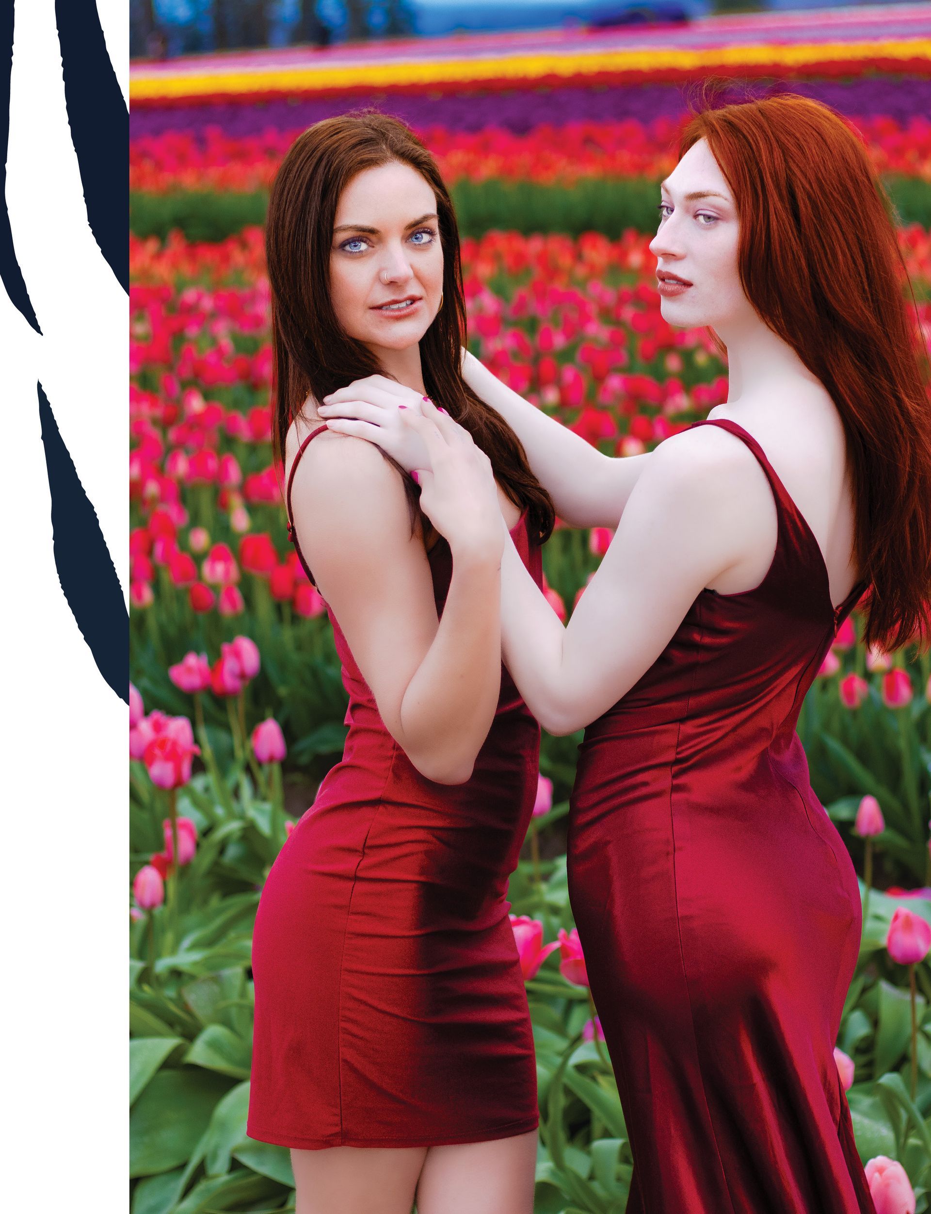 Models Kiera Brown and Shelby G published in Malvie Magazine, tulip farm editorial photographed by Verity Visions in Salem Oregon with cinematic luxury style.