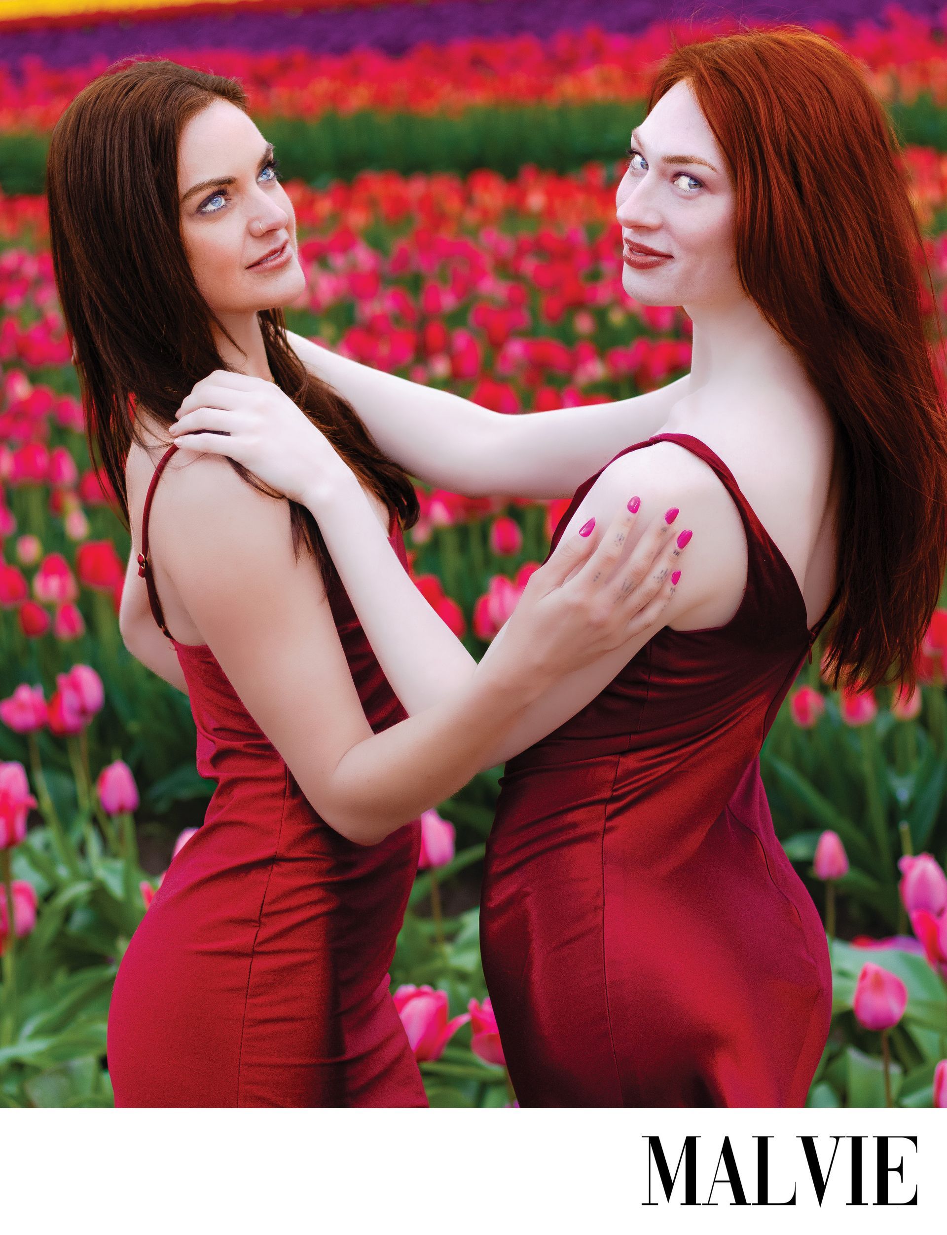 Models Kiera Brown and Shelby G published in Malvie Magazine, tulip farm editorial photographed by Verity Visions in Salem Oregon with cinematic luxury style.