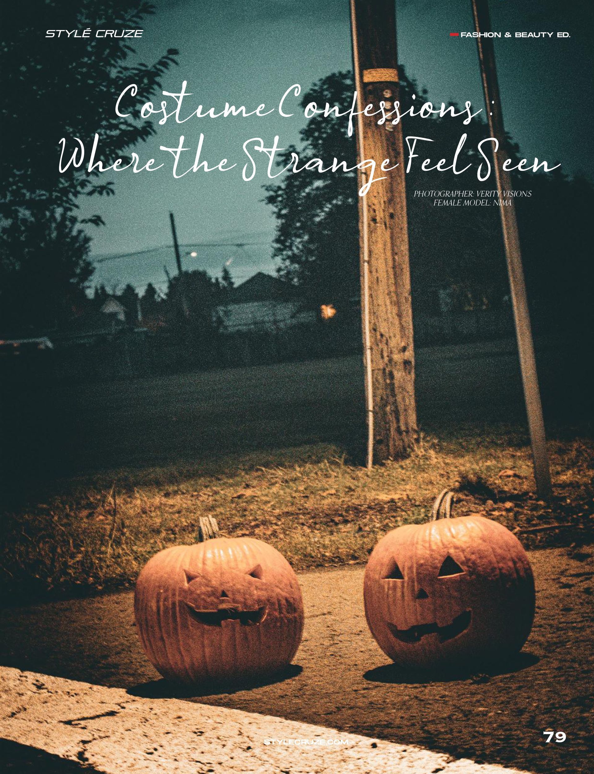 Stylized spooky couple’s portrait with pumpkin heads in Stayton Oregon, photographed by Verity Visions for publication in StyleCruze Magazine.