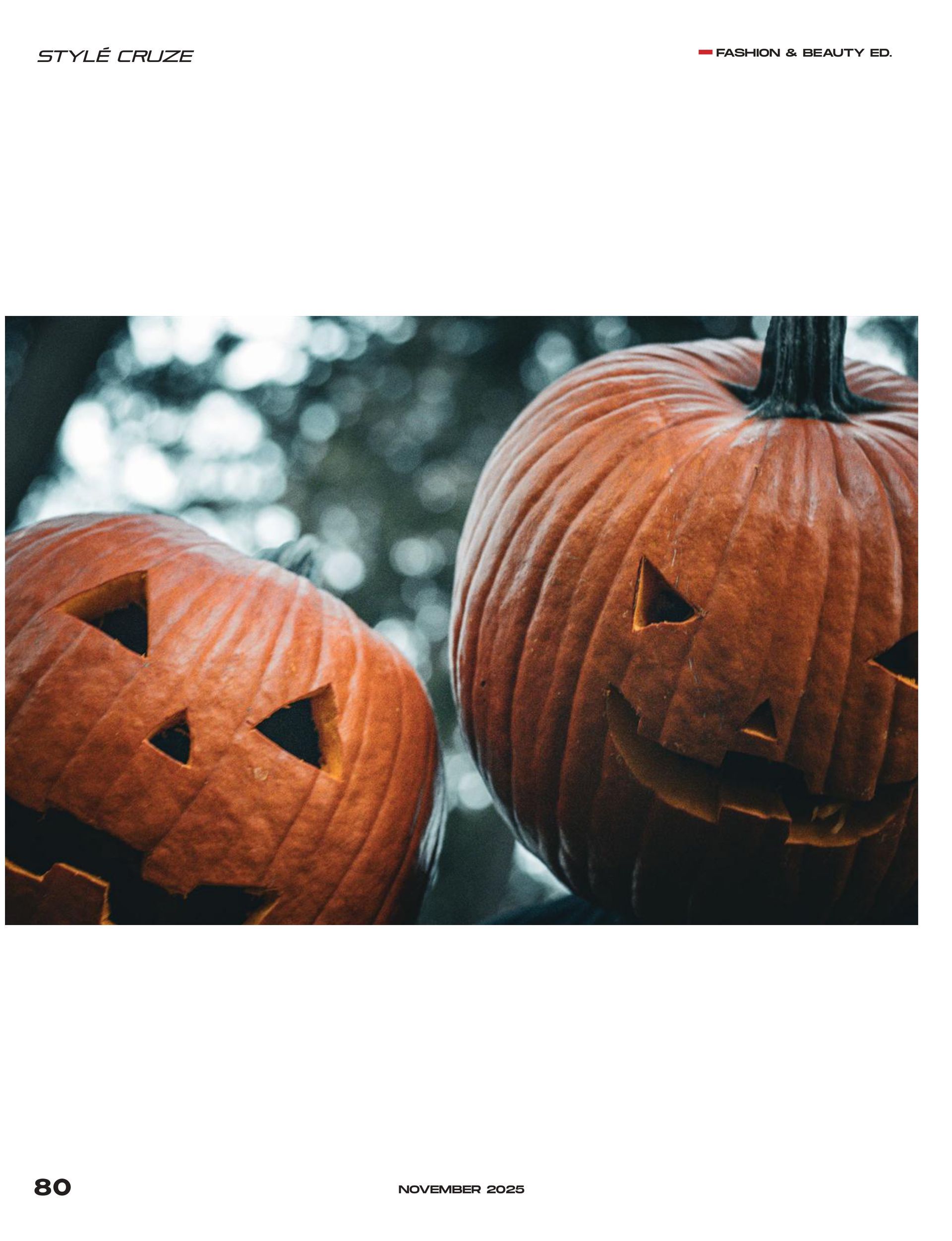 Couple wearing carved pumpkin heads posing in Pioneer Park, Stayton Oregon, during a spooky fall editorial photoshoot by Verity Visions. Featured in StyleCruze Magazine 2025.
