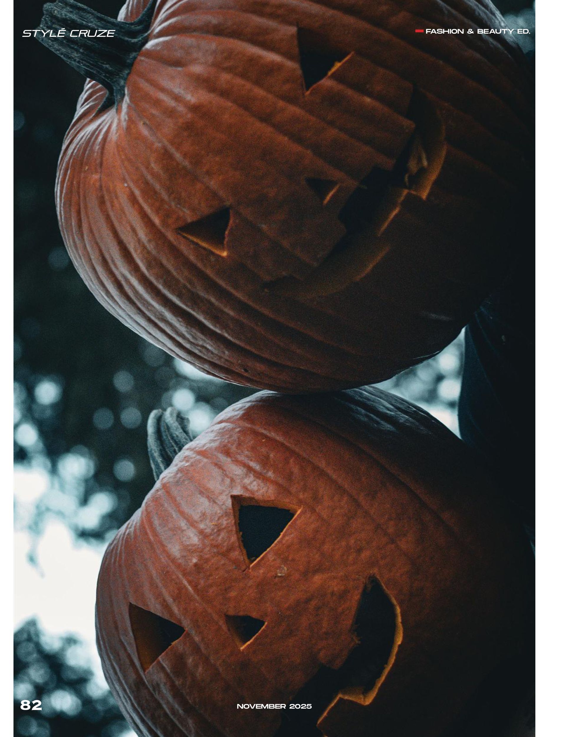 Couple wearing carved pumpkin heads posing in Pioneer Park, Stayton Oregon, during a spooky fall editorial photoshoot by Verity Visions. Featured in StyleCruze Magazine 2025.