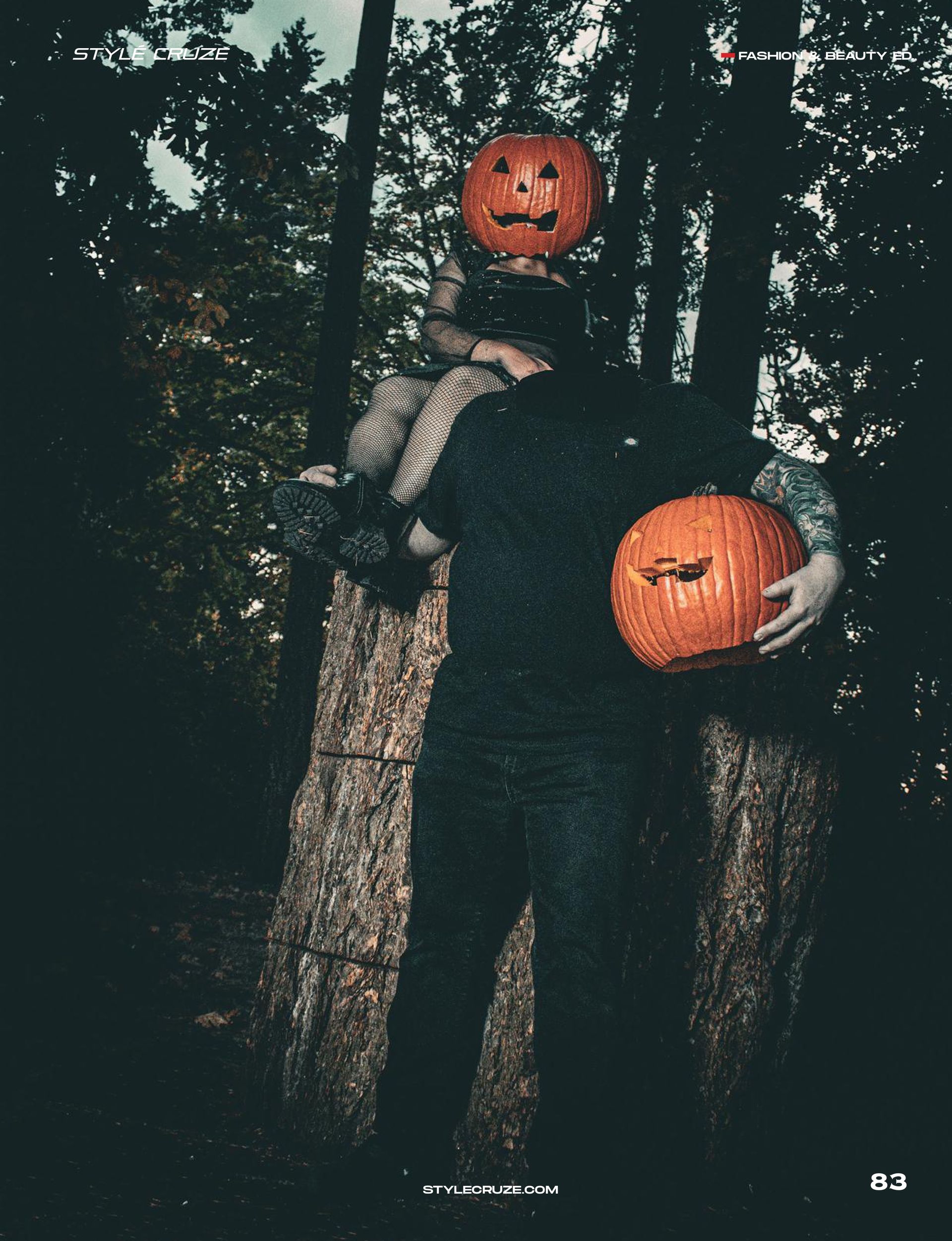 Couple wearing carved pumpkin heads posing in Pioneer Park, Stayton Oregon, during a spooky fall editorial photoshoot by Verity Visions. Featured in StyleCruze Magazine 2025.