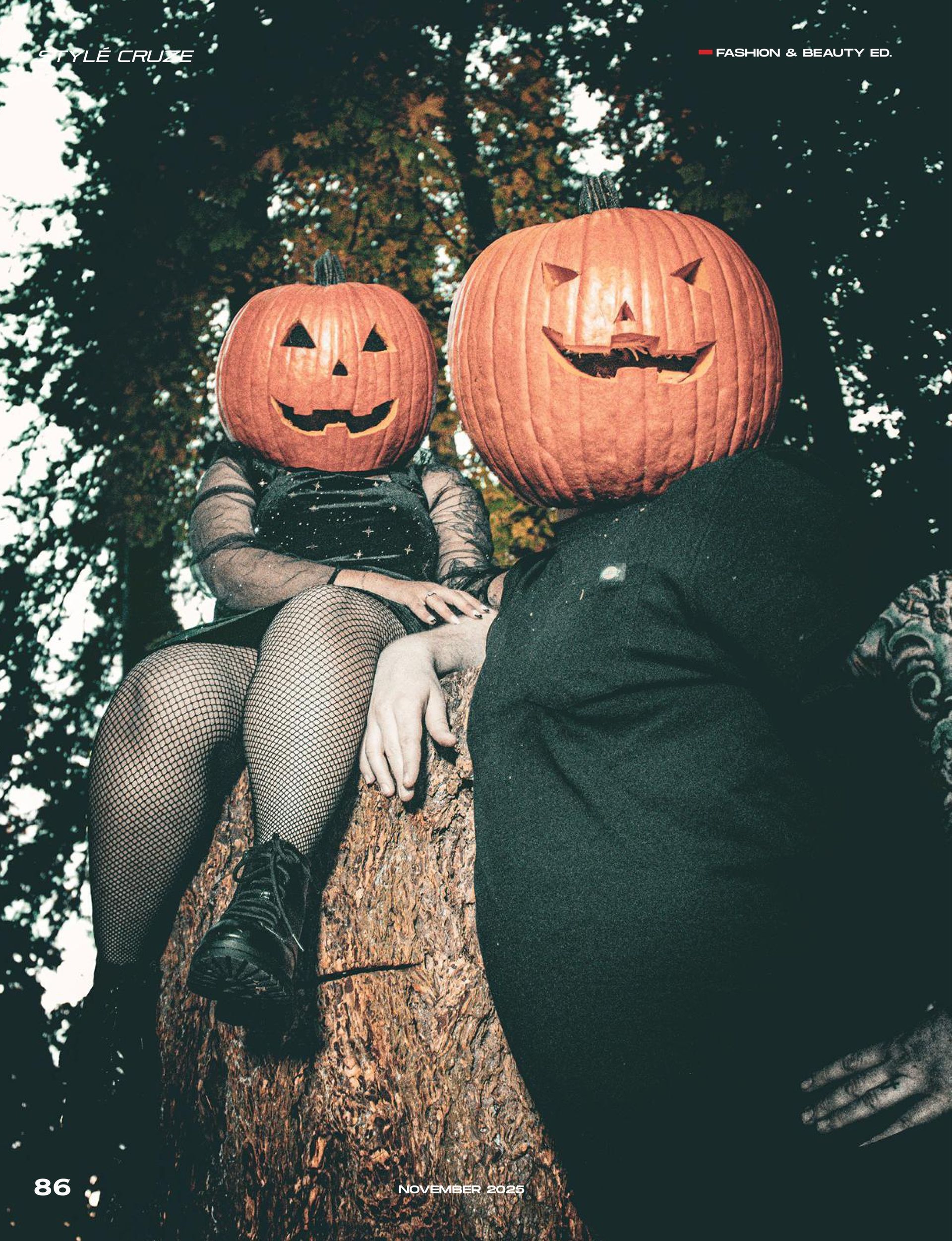 Couple wearing carved pumpkin heads posing in Pioneer Park, Stayton Oregon, during a spooky fall editorial photoshoot by Verity Visions. Featured in StyleCruze Magazine 2025.