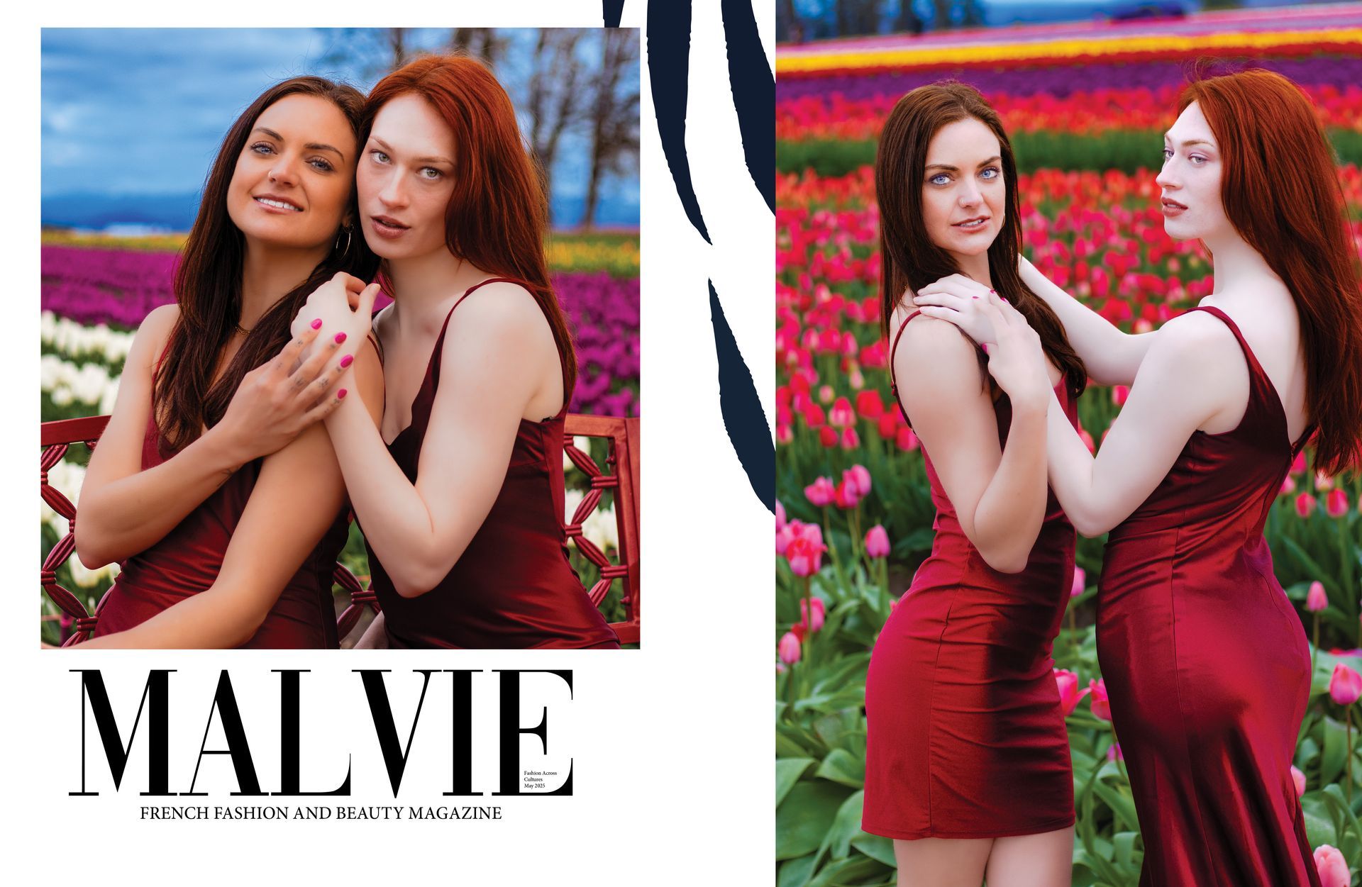 A luxury fashion editorial for Malvie Magazine photographed at the Wooden Shoe Tulip Farm in Oregon, featuring professional models and cinematic storytelling by Verity Visions.