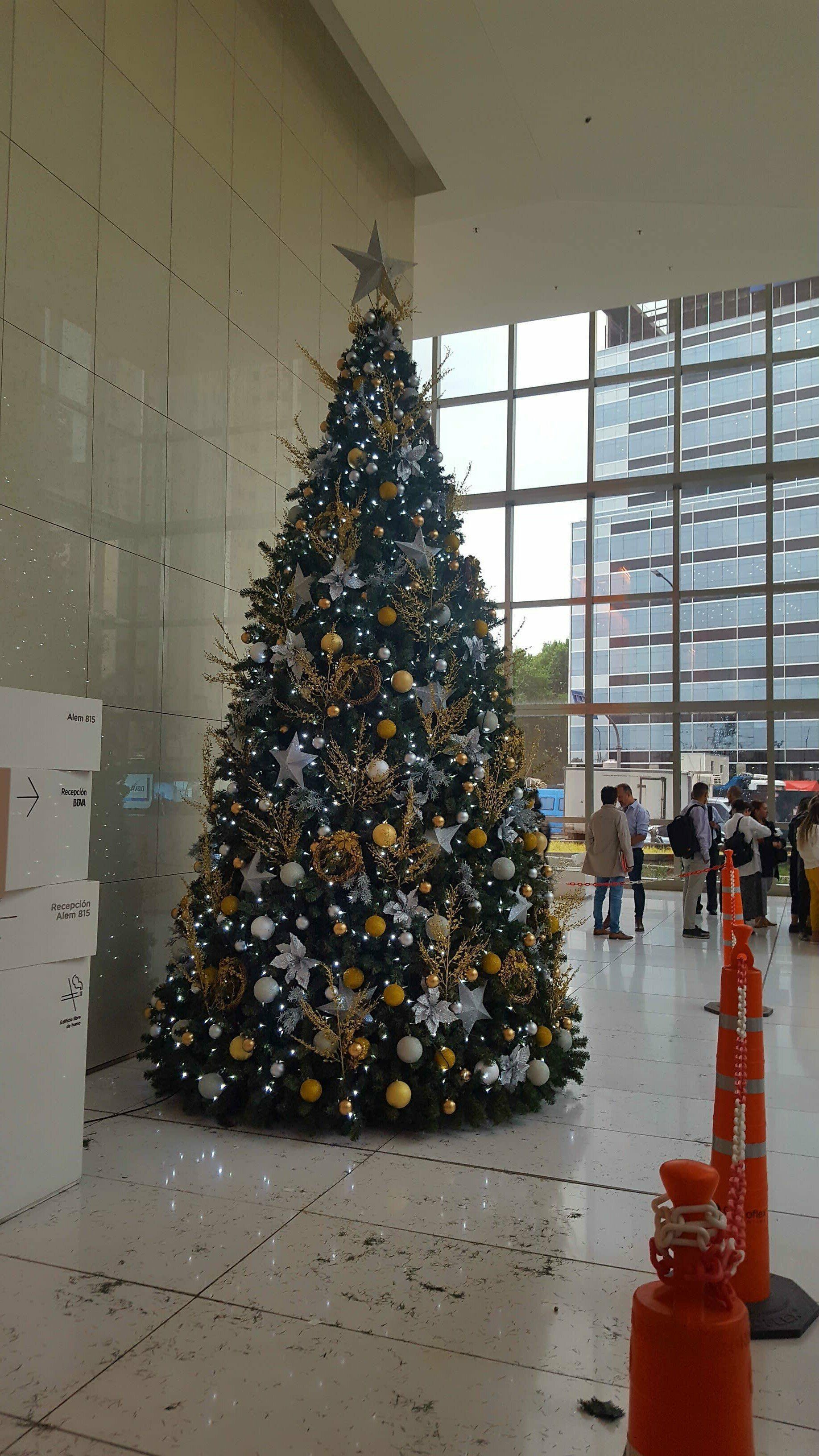 Un alto árbol de Navidad decorado en un vestíbulo luminoso, con gente y conos naranjas cerca.