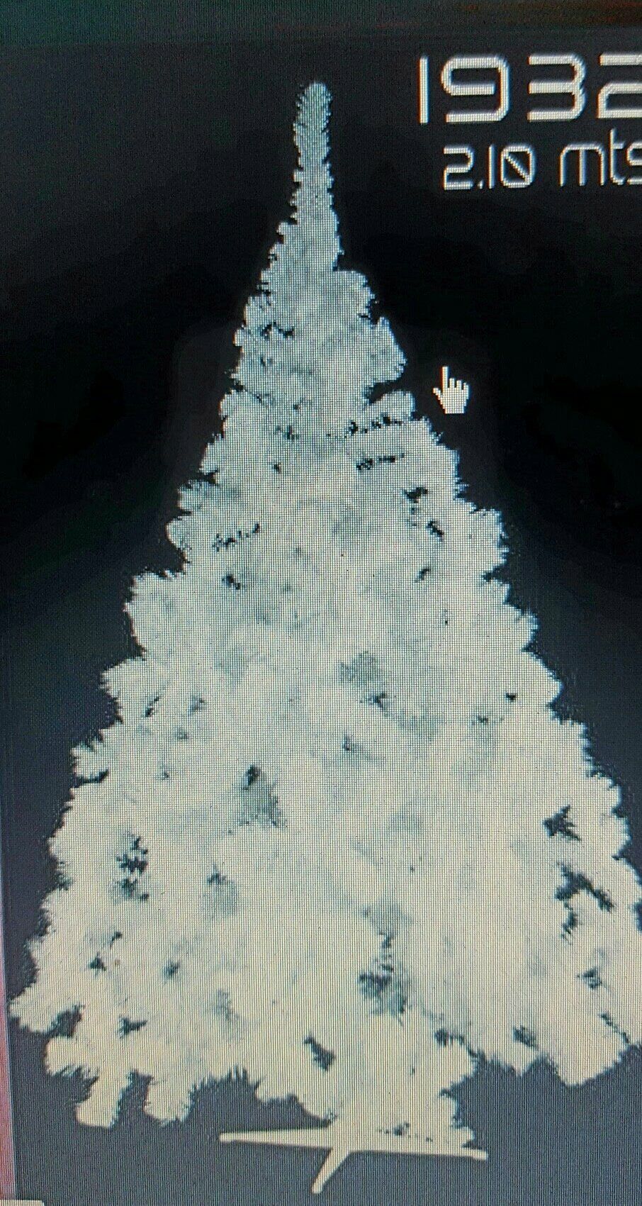 Árbol de Navidad blanco sobre fondo oscuro con el texto “1932” y “2.10 mt” en la parte superior derecha.