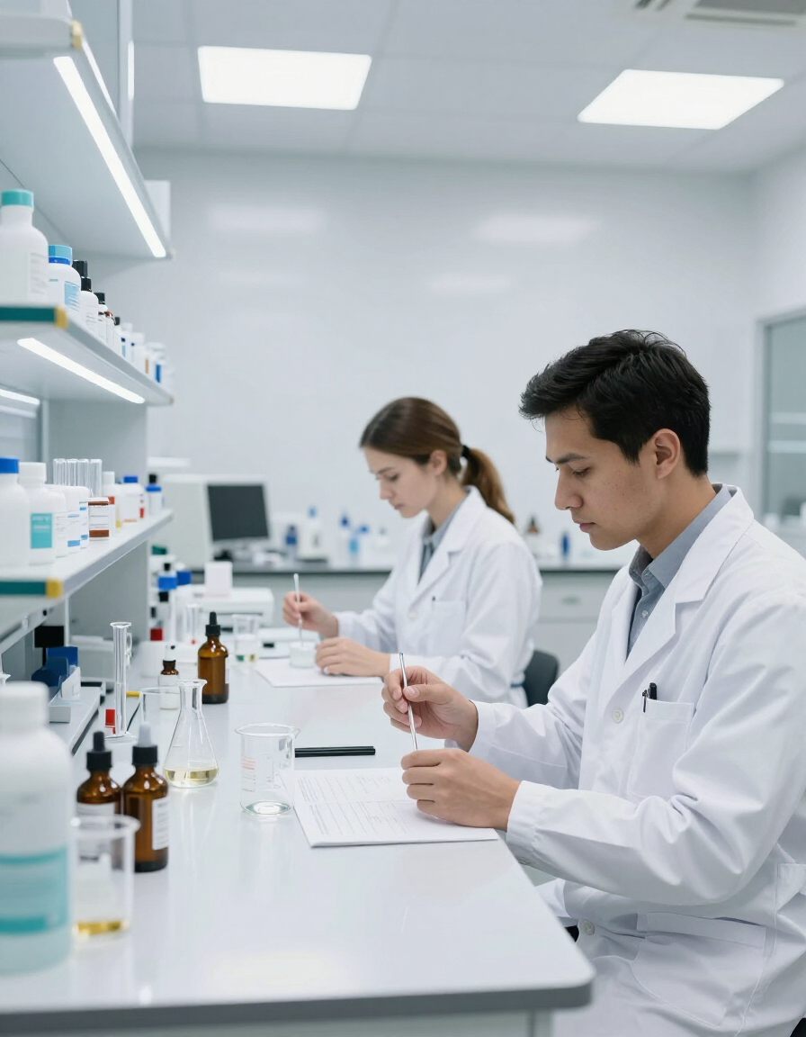 Científicos con batas blancas de laboratorio trabajando en una mesa de laboratorio