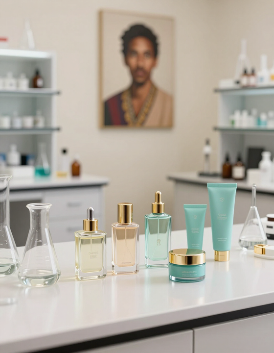 Frascos de perfume sobre el mostrador de un salón de belleza, con estantes y un retrato al fondo.