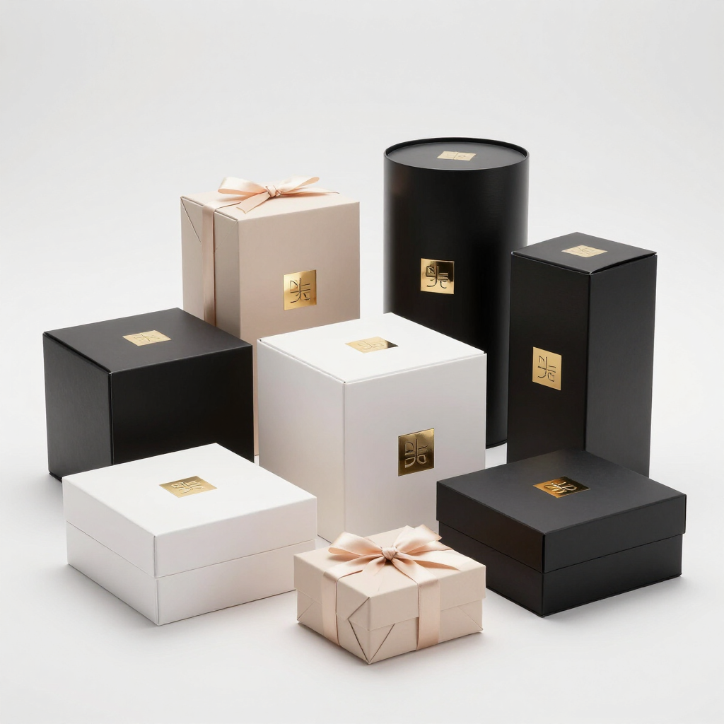 Cajas de regalo surtidas en negro, blanco y beige con detalles dorados dispuestas sobre un fondo claro.