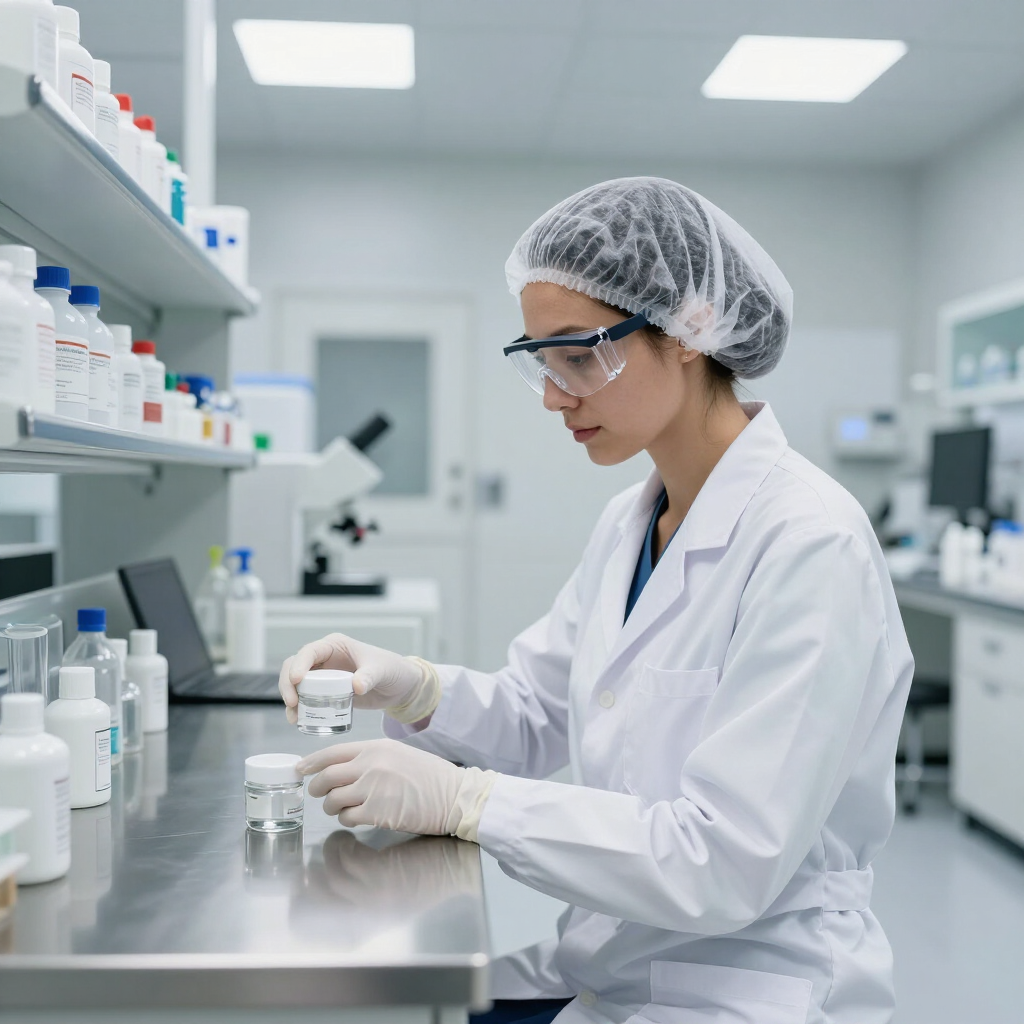 Científico con bata de laboratorio y redecilla para el cabello manipulando muestras en una mesa de laboratorio
