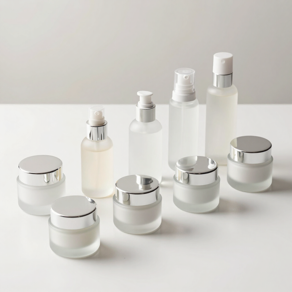 Surtido de tarros y botellas de cosméticos esmerilados con tapones plateados sobre una superficie blanca.