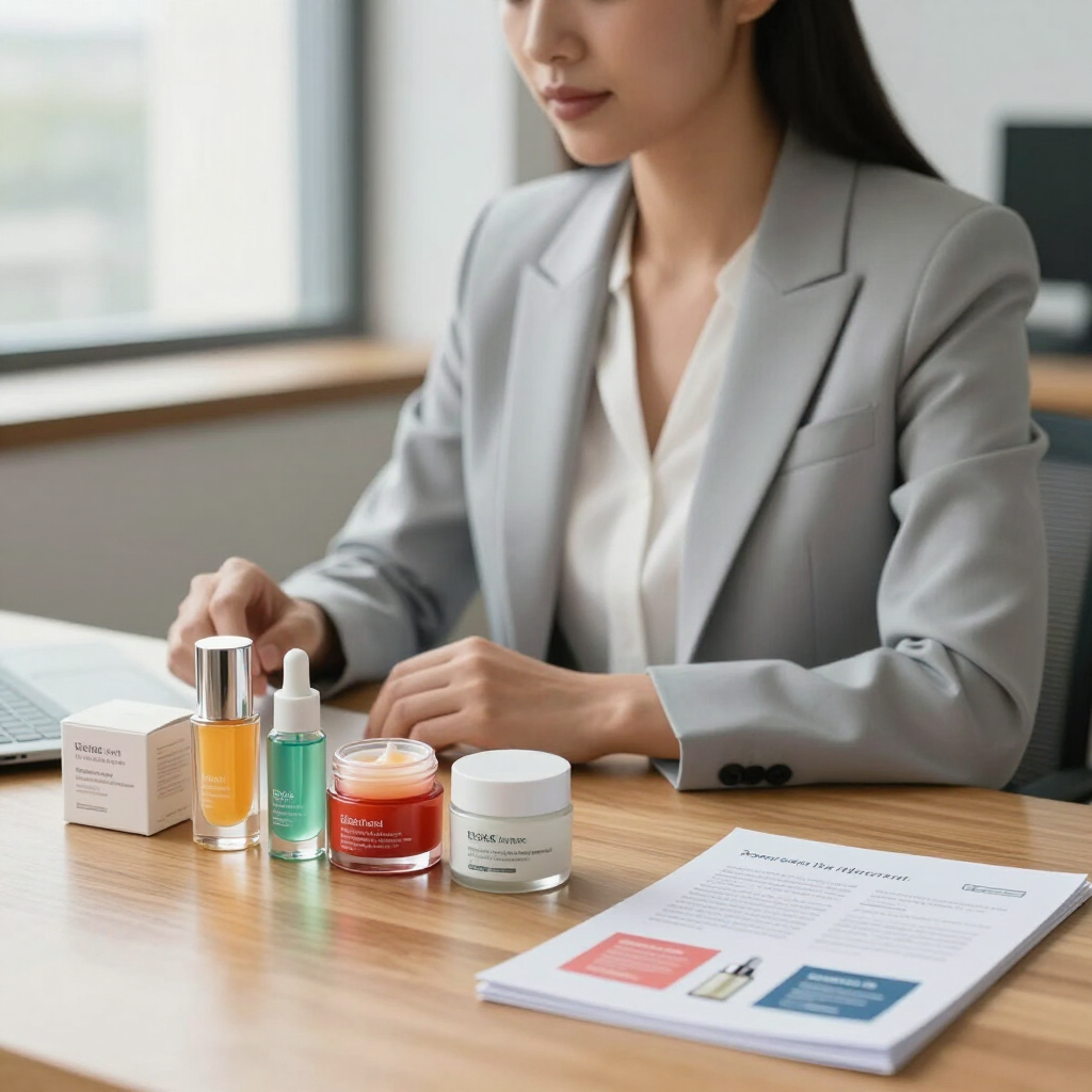 Una persona con chaqueta gris coloca frascos de productos para el cuidado de la piel sobre un escritorio junto a un folleto