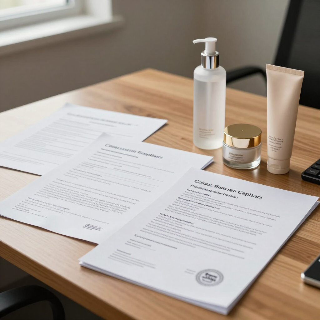 Productos para el cuidado de la piel junto a documentos impresos sobre un escritorio de madera cerca de una ventana.