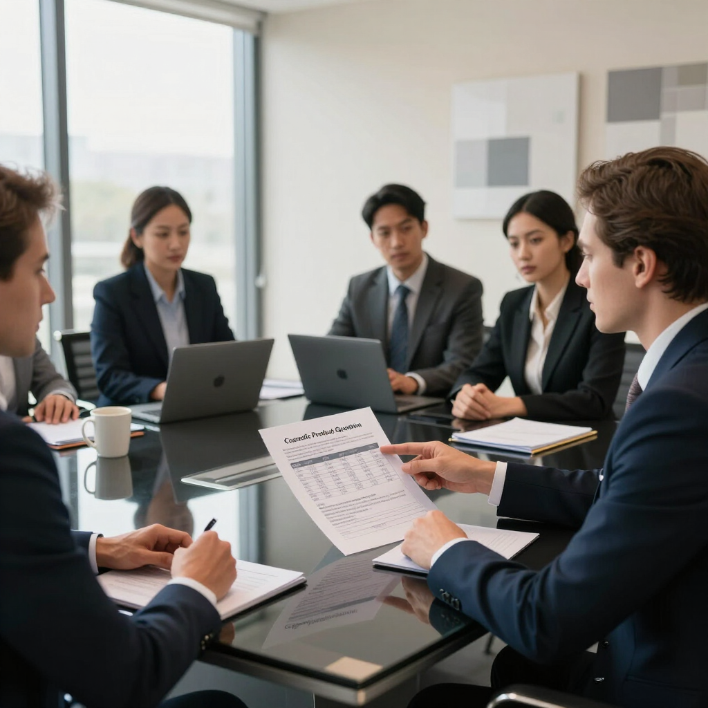Reunión de negocios con cinco personas alrededor de una mesa