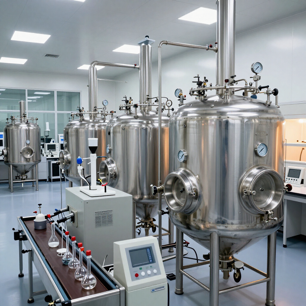 Tanques y equipos industriales de acero inoxidable en un laboratorio limpio o instalación de producción.