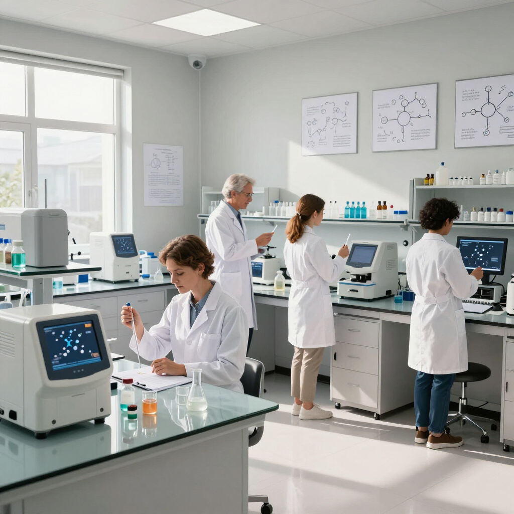 Científicos trabajando en un laboratorio luminoso con microscopios y equipos de prueba.