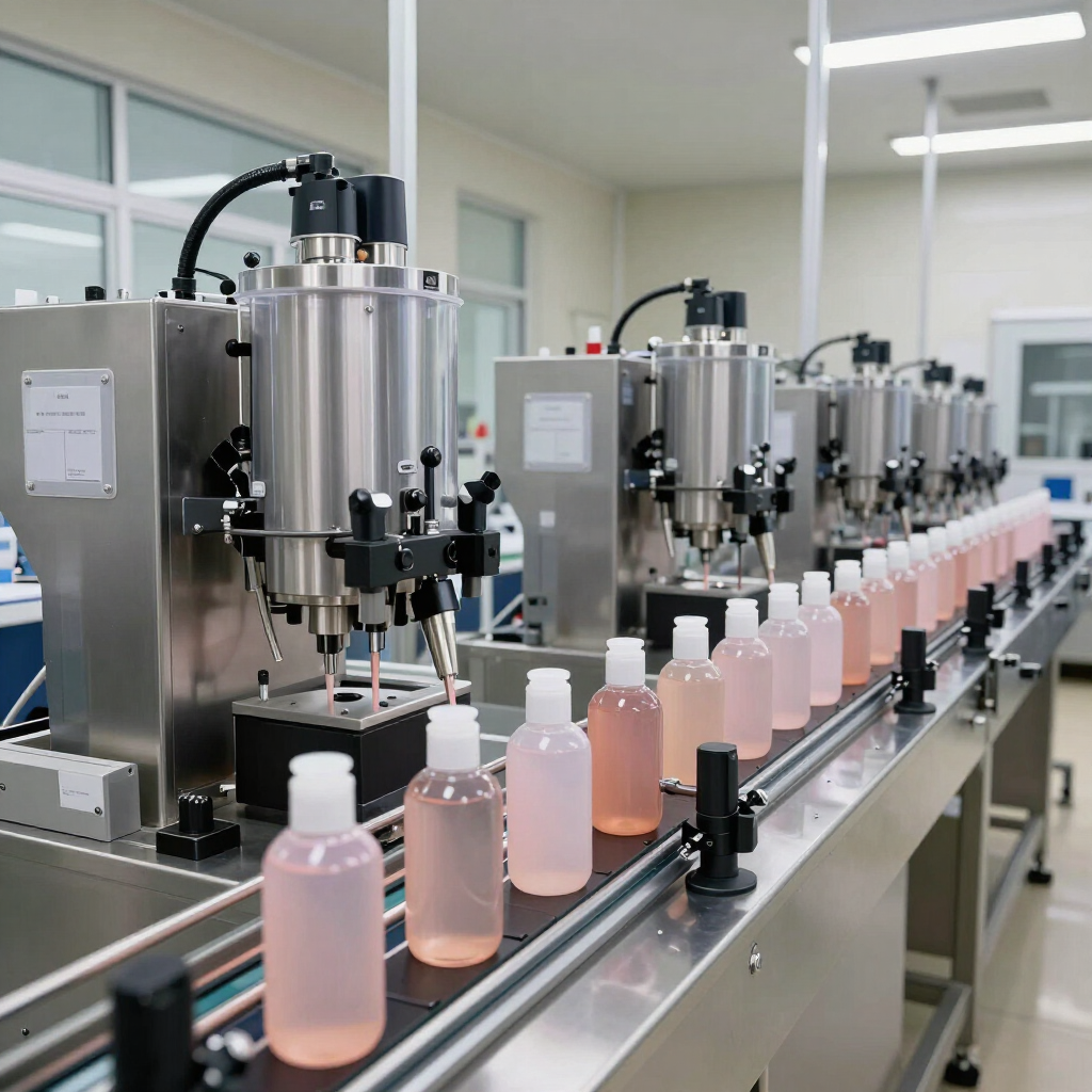 Línea transportadora de fábrica que llena botellas de líquido rosa en una sala de producción limpia.