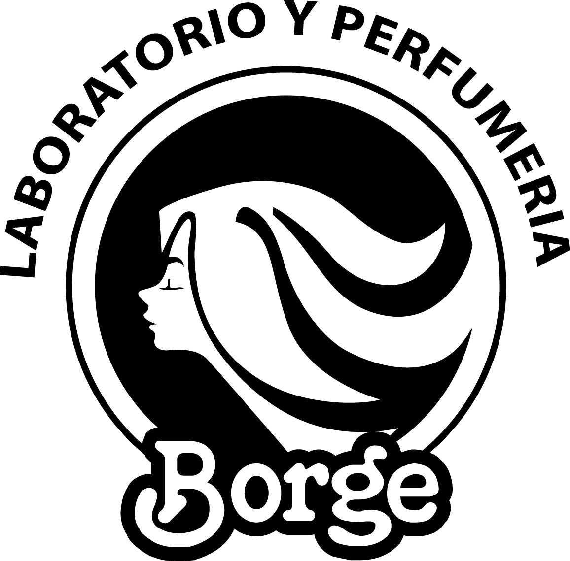 Logotipo circular de color turquesa con la inscripción “Laboratorio y Perfumería Borge”
