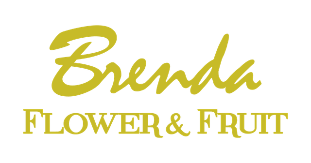 Logotipo de Brenda Flower & Fruit en letra cursiva amarilla con serifa sobre fondo blanco.