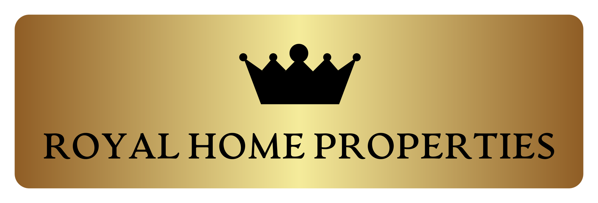 Logo for Royal Home Properties featuring a black crown icon centered above the text on a gold, rectangular background.