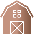 A brown barn with a white door and windows on a white background.